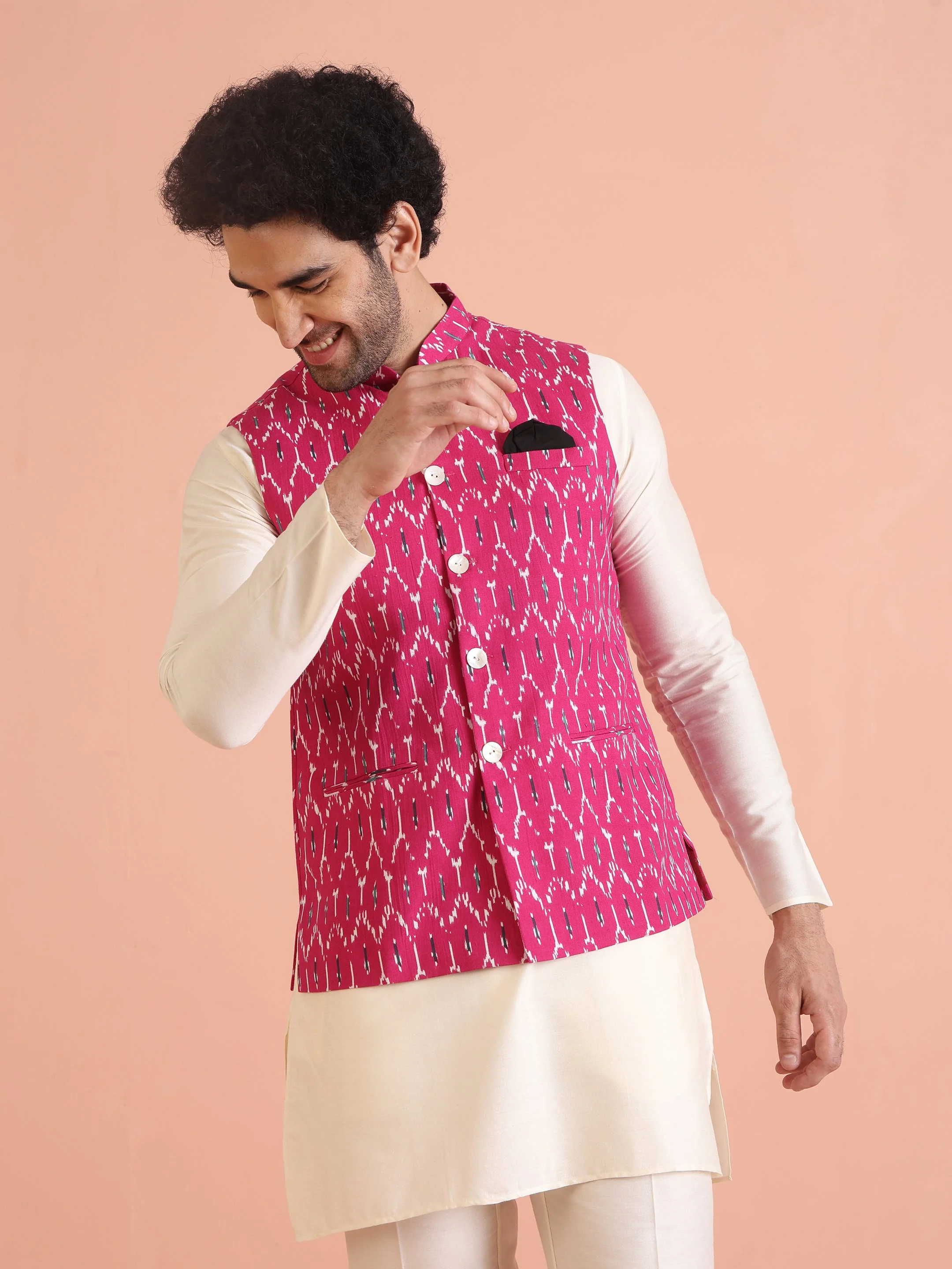 Pink Cotton Silk Ikat Printed Nehru Jacket - Image 6