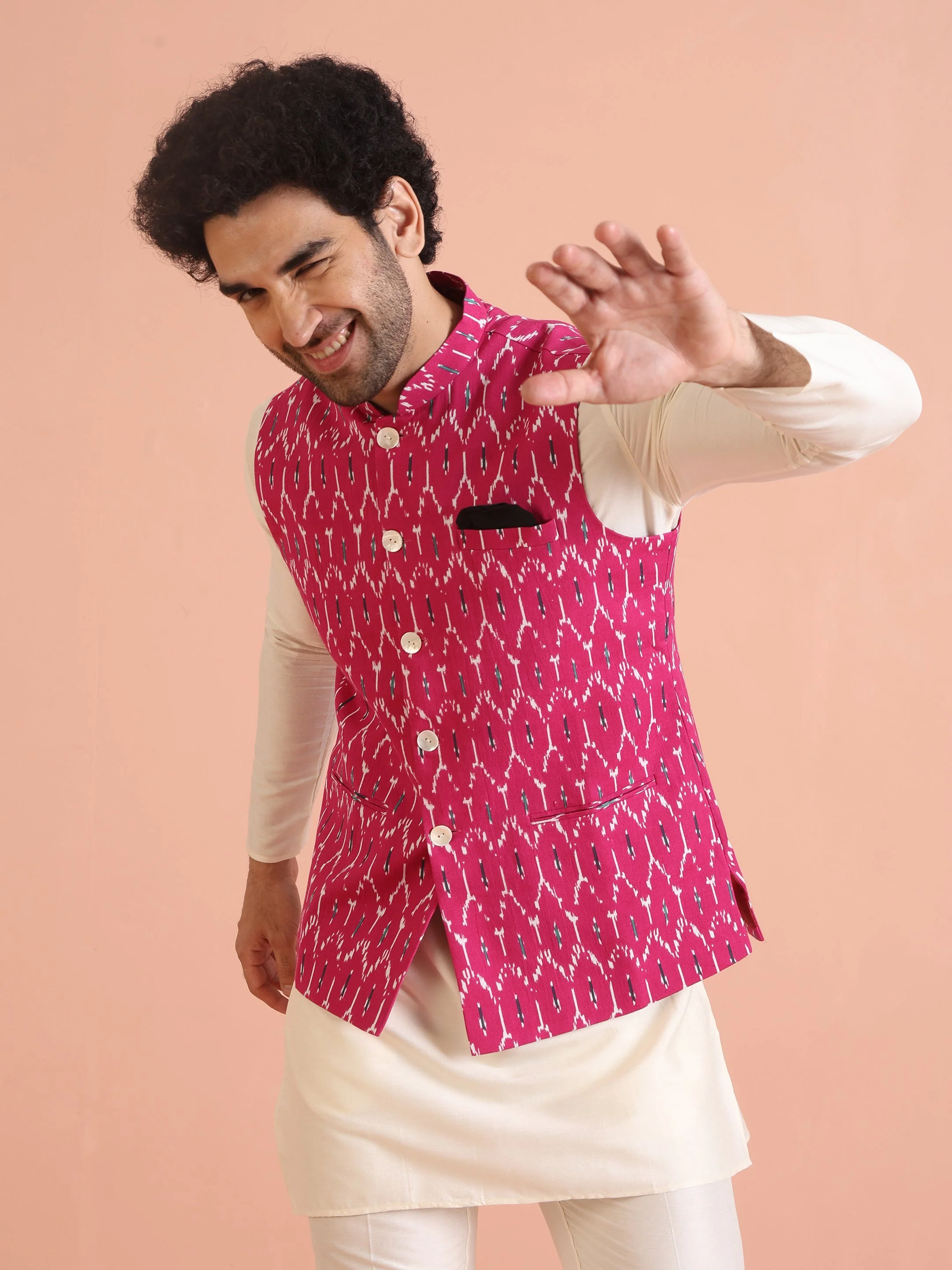 Pink Cotton Silk Ikat Printed Nehru Jacket - Image 7