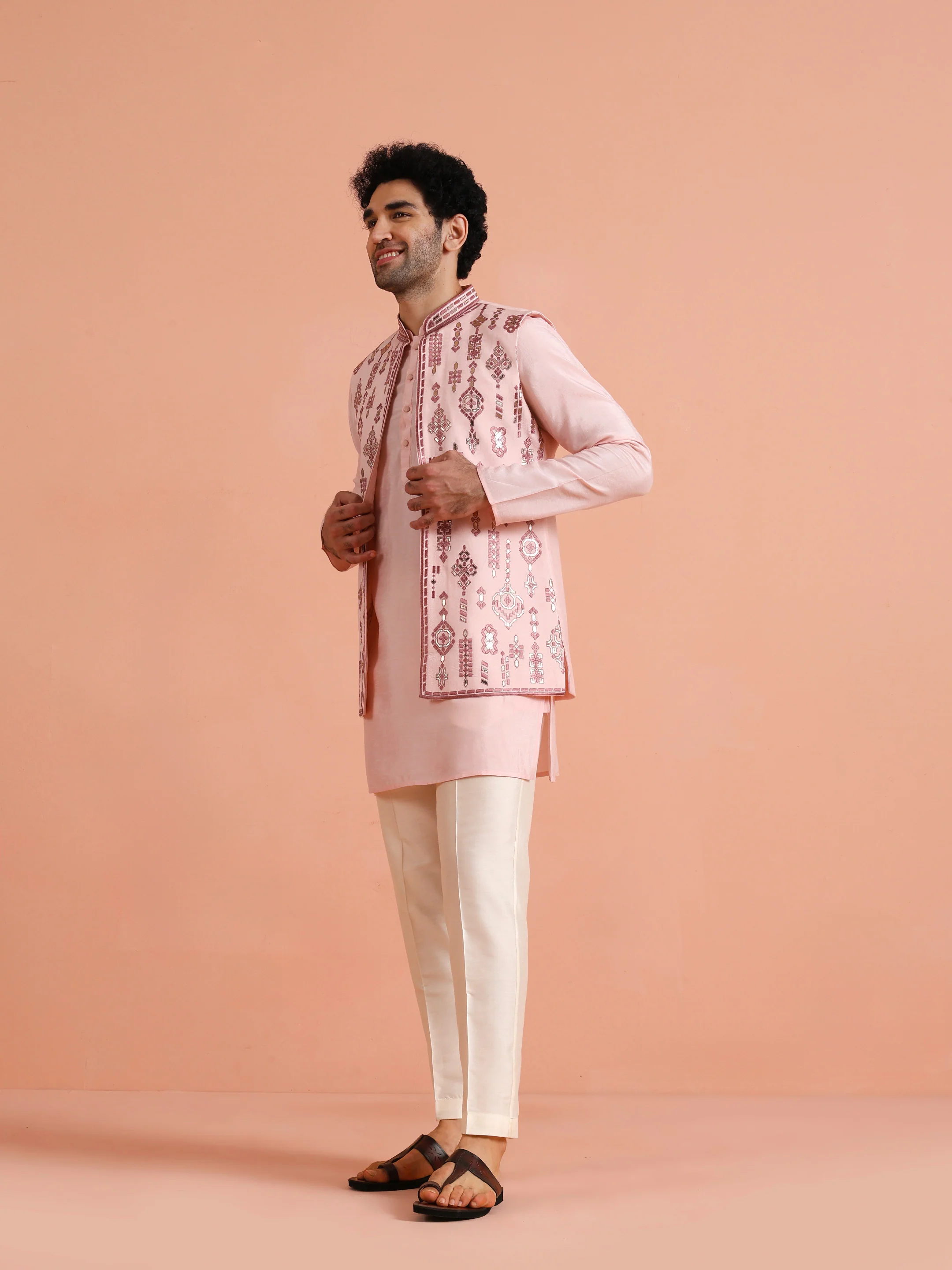 Pink Embroidered Jacket Kurta Set - Image 4