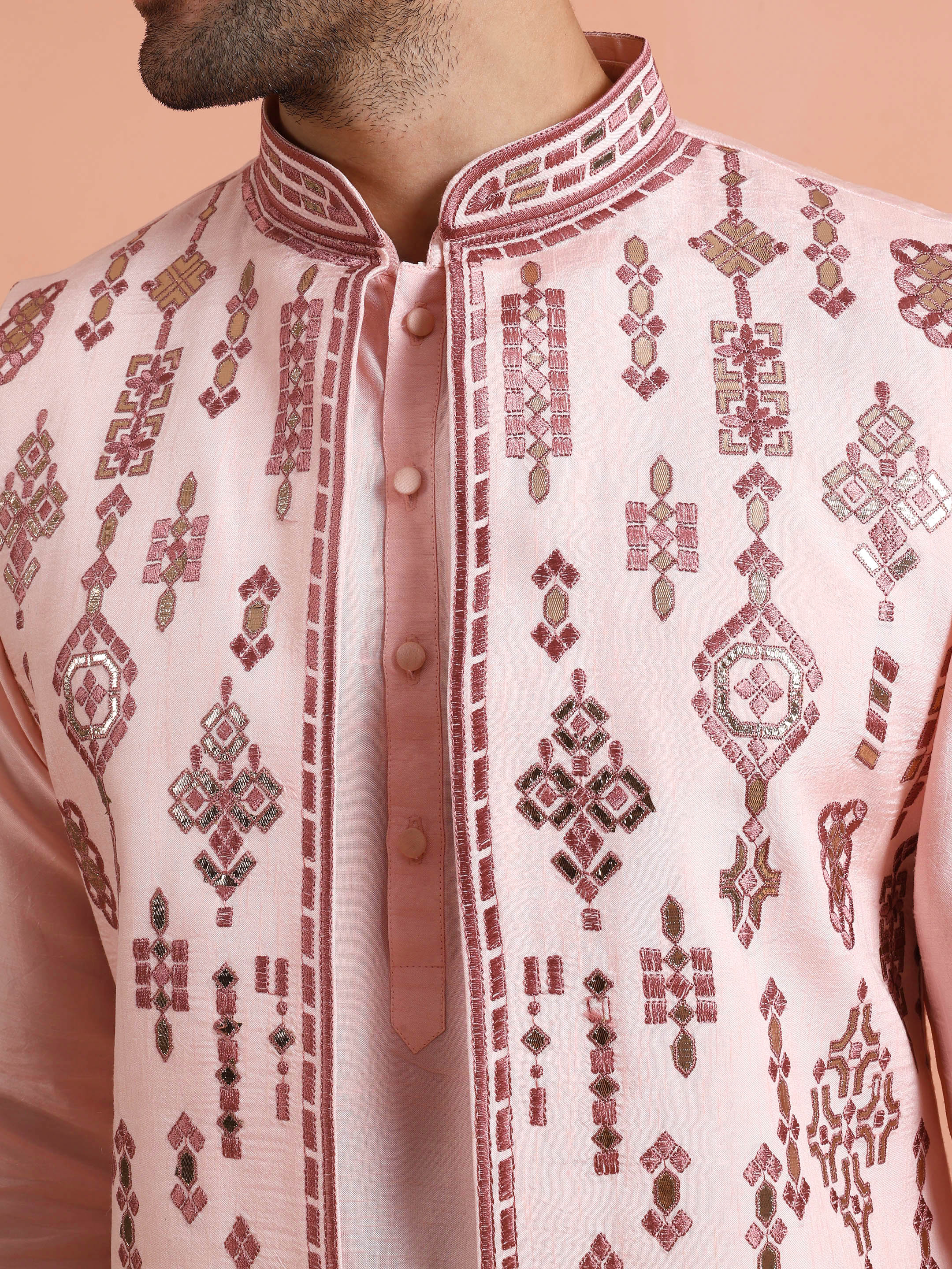 Pink Embroidered Jacket Kurta Set - Image 6