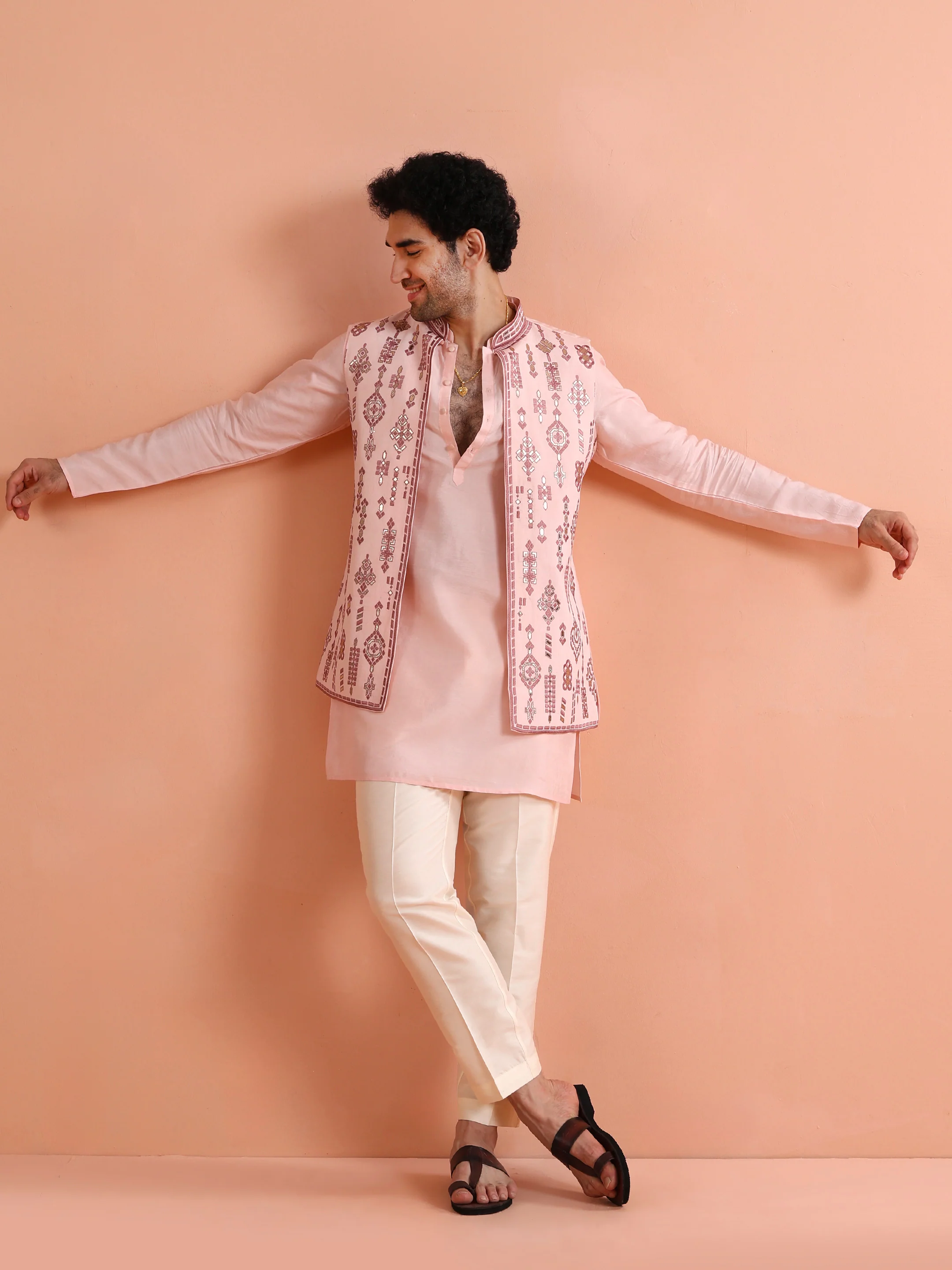 Pink Embroidered Jacket Kurta Set - Image 8