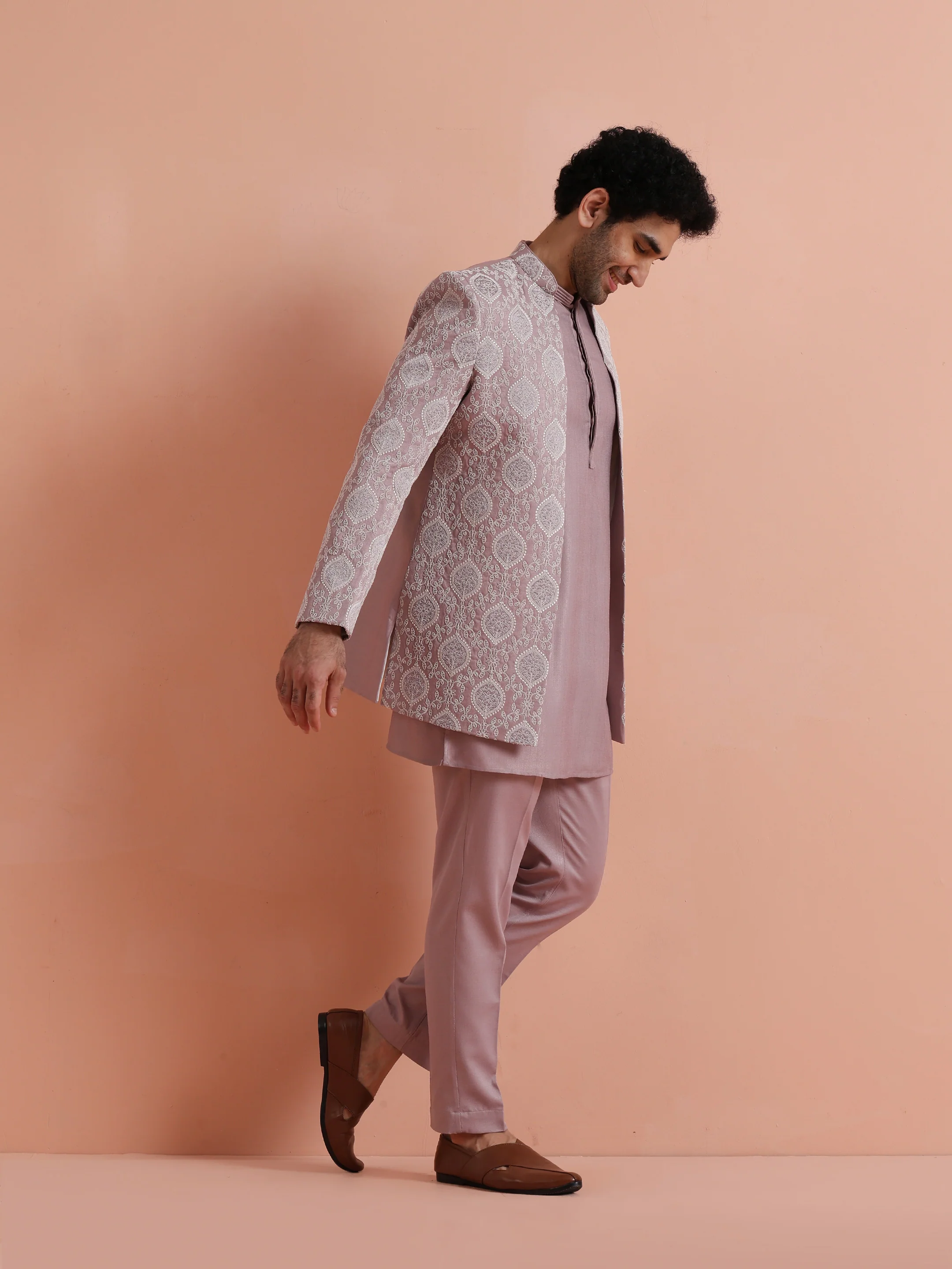 Mauve Jacquard Sherwani Trouser Set - Image 2