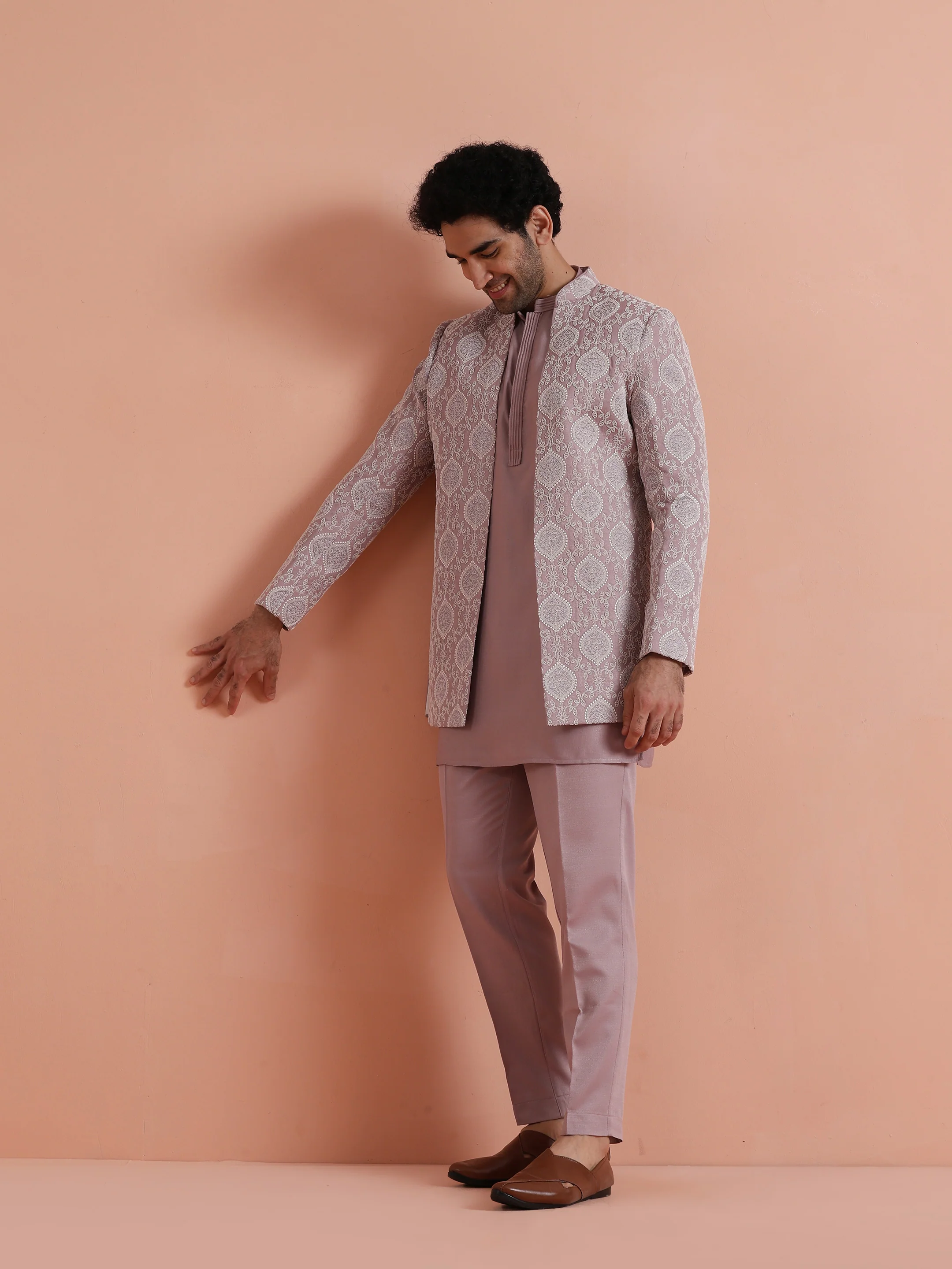 Mauve Jacquard Sherwani Trouser Set - Image 3