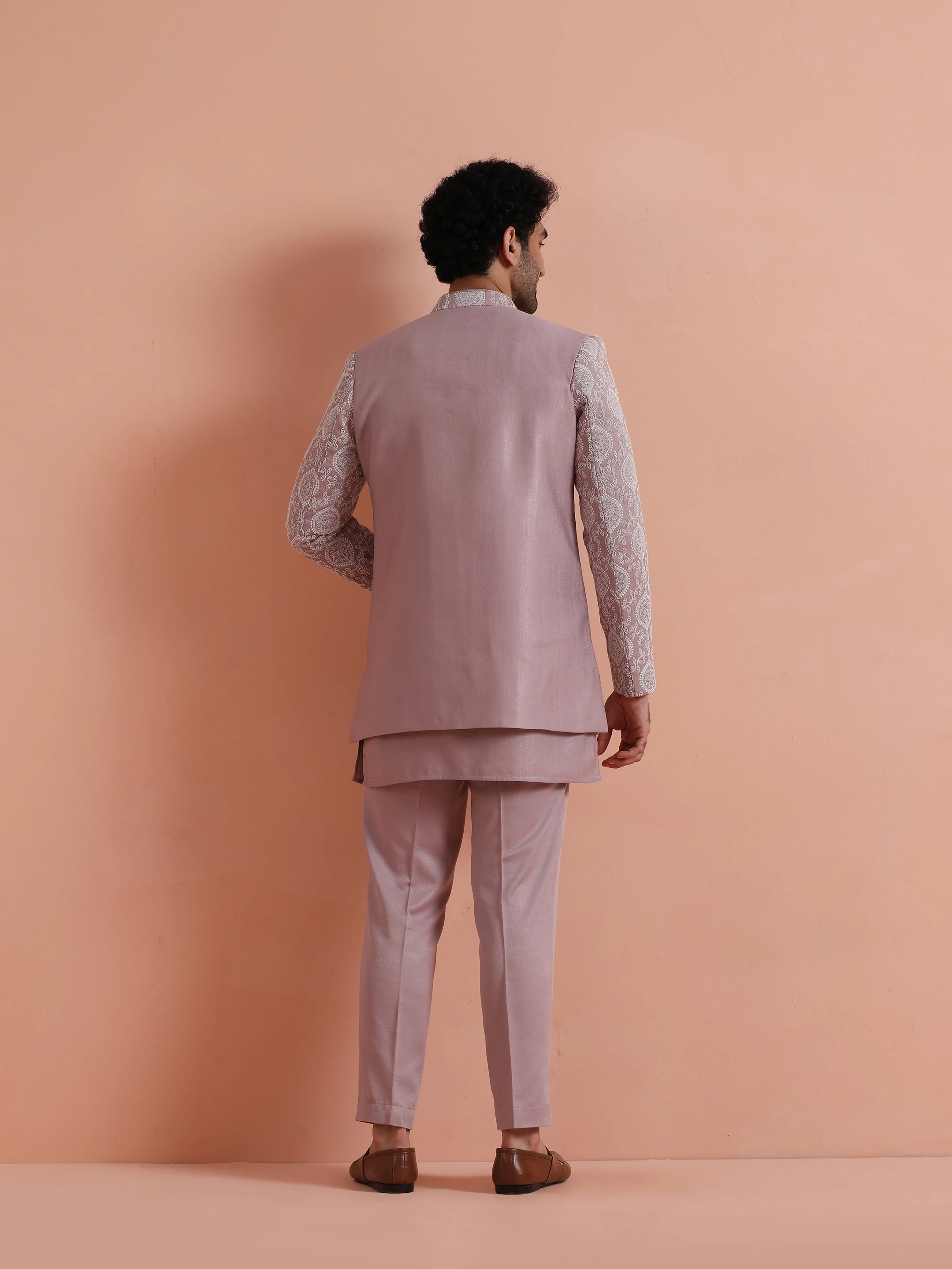 Mauve Jacquard Sherwani Trouser Set - Image 4