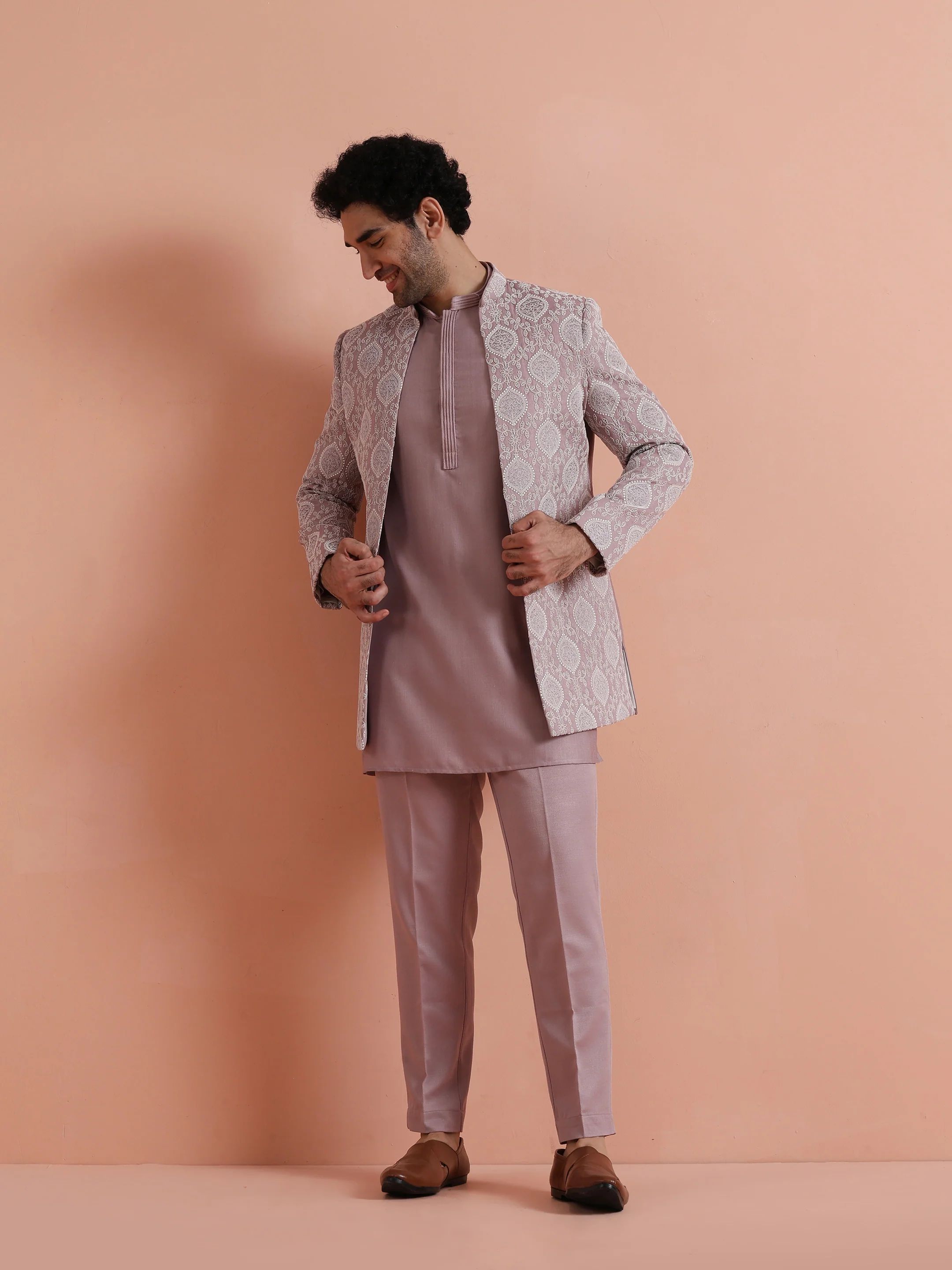 Mauve Jacquard Sherwani Trouser Set - Image 7