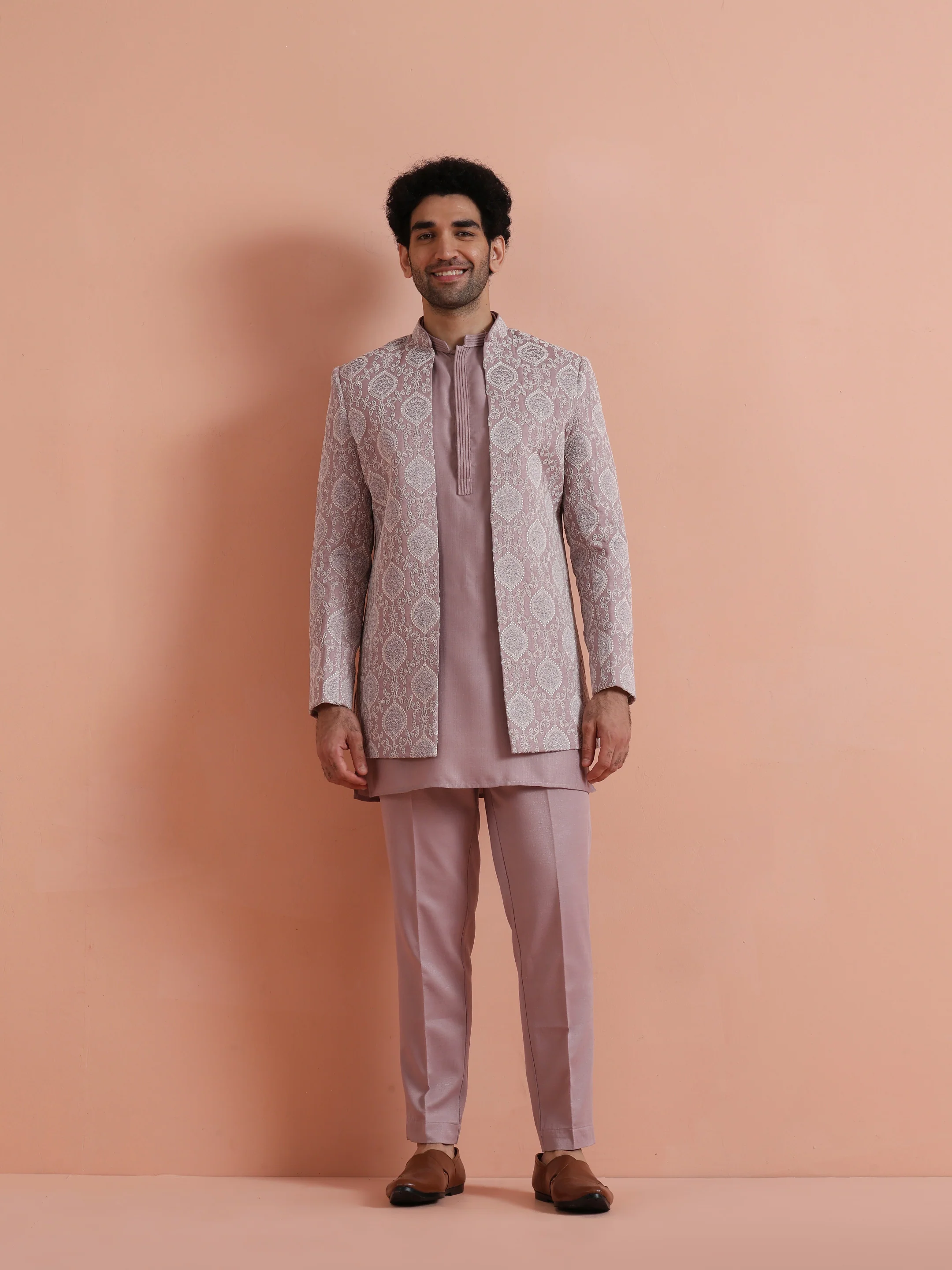 Mauve Jacquard Sherwani Trouser Set - Image 8