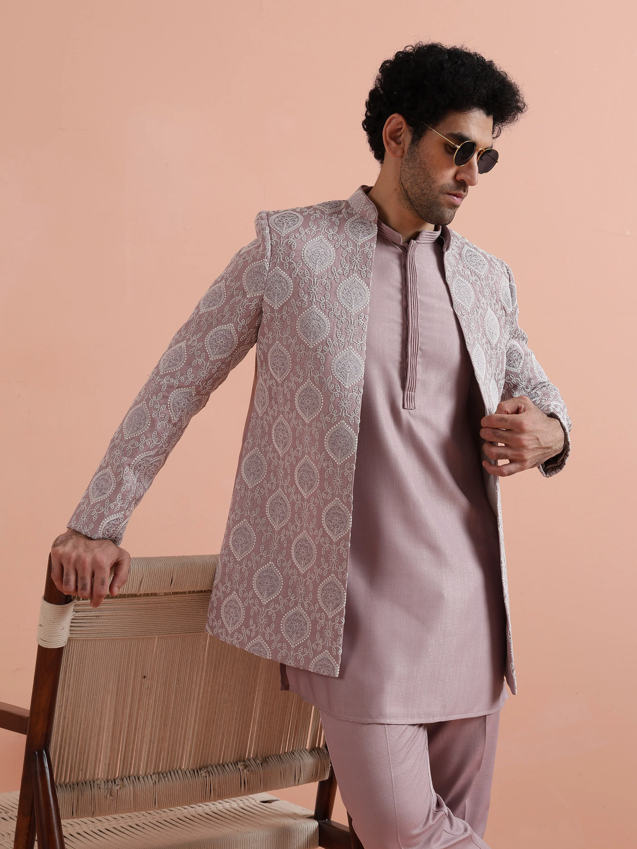 Mauve Jacquard Sherwani Trouser Set - Image 9