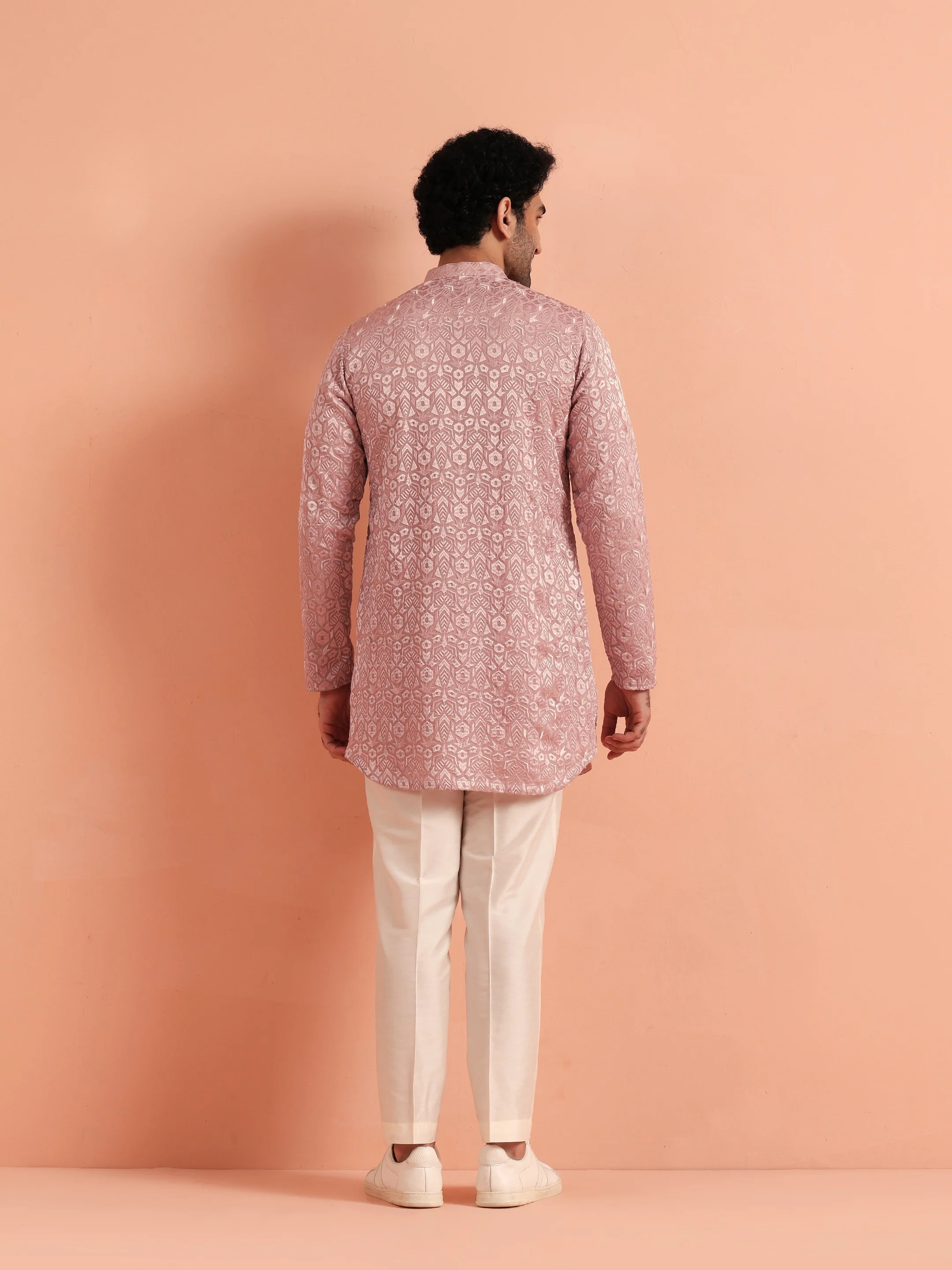 Pink Jacquard Silk Blend Kurta Trouser Set - Image 4