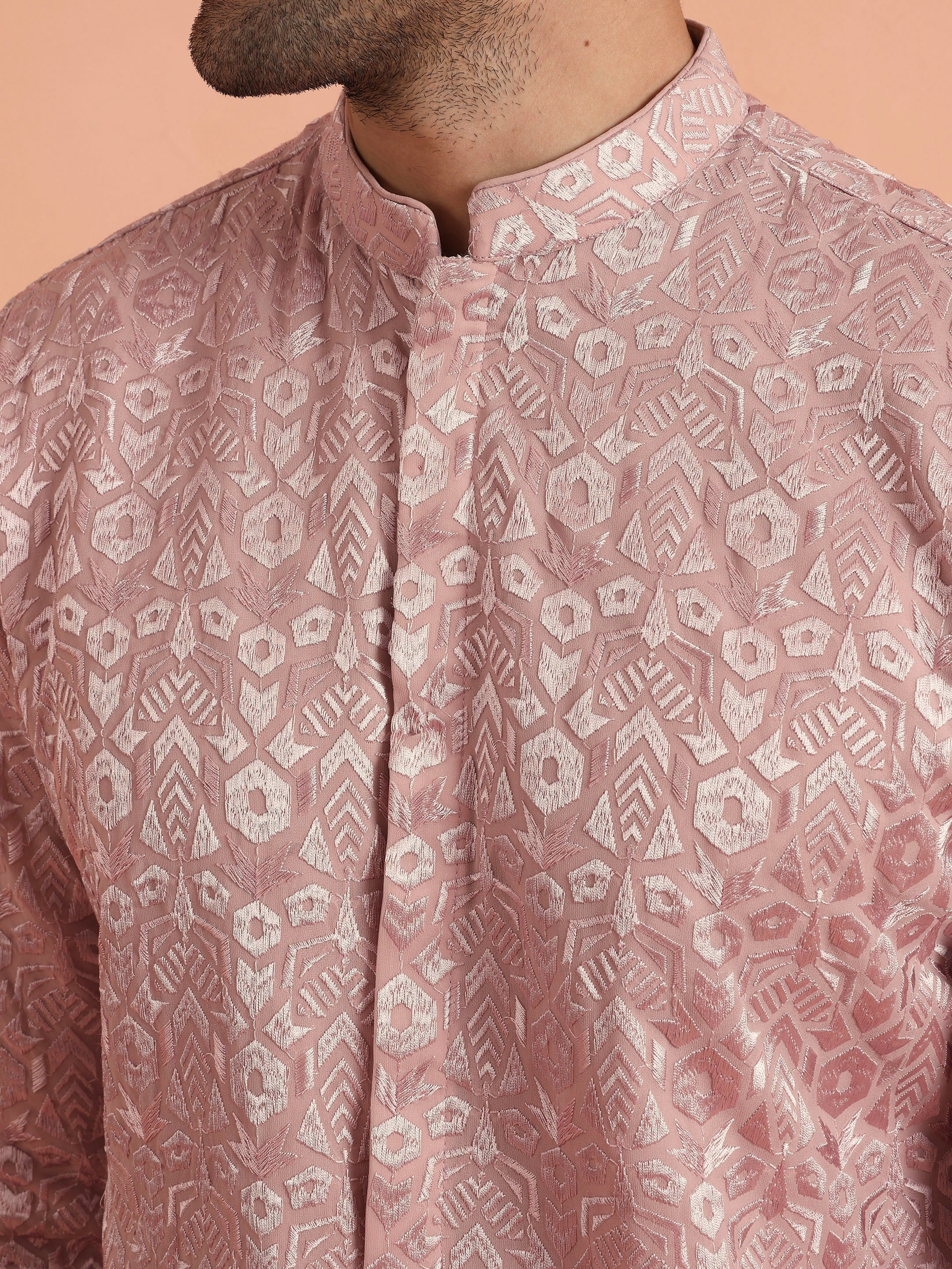 Pink Jacquard Silk Blend Kurta Trouser Set - Image 5