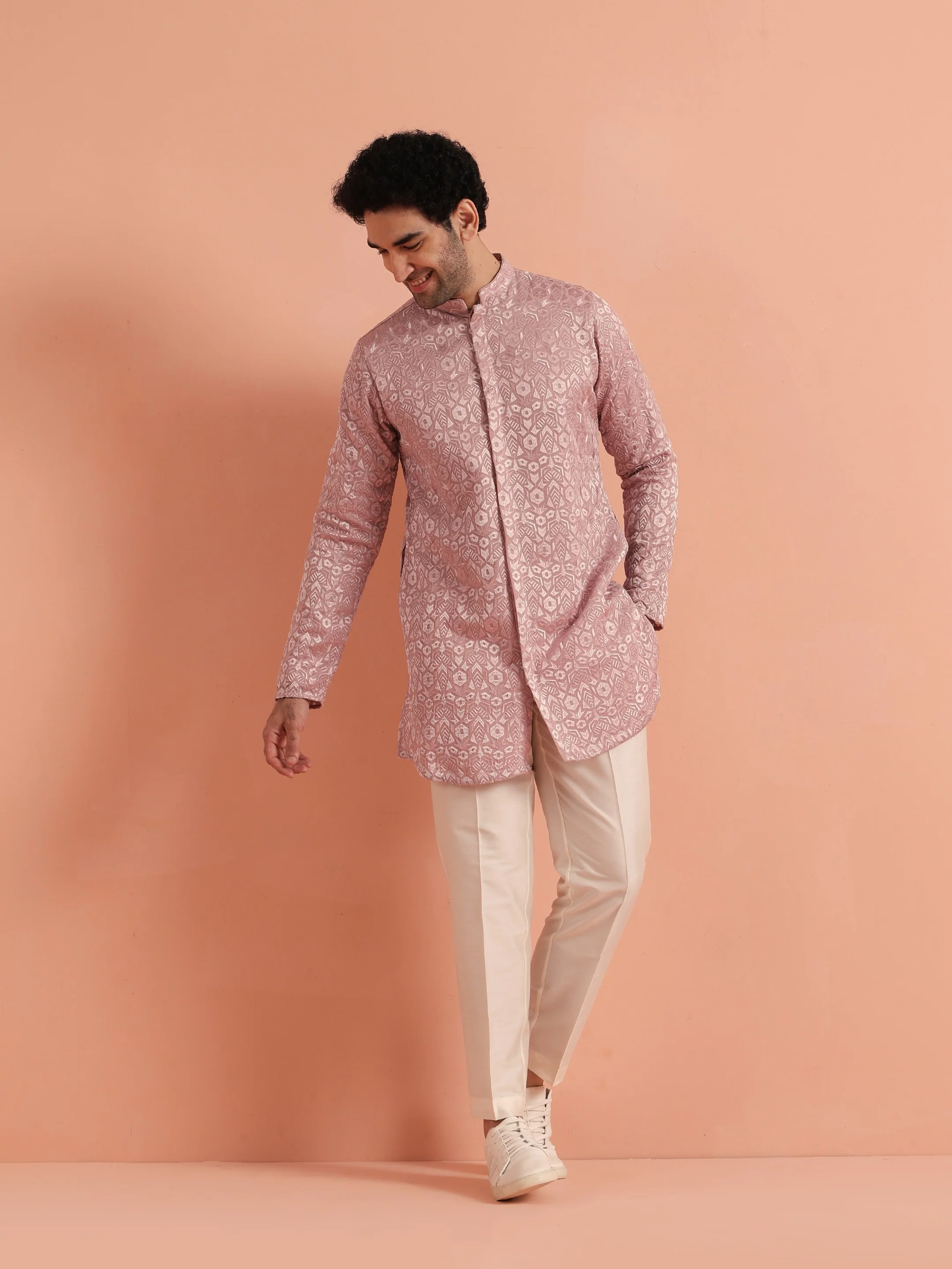 Pink Jacquard Silk Blend Kurta Trouser Set - Image 7