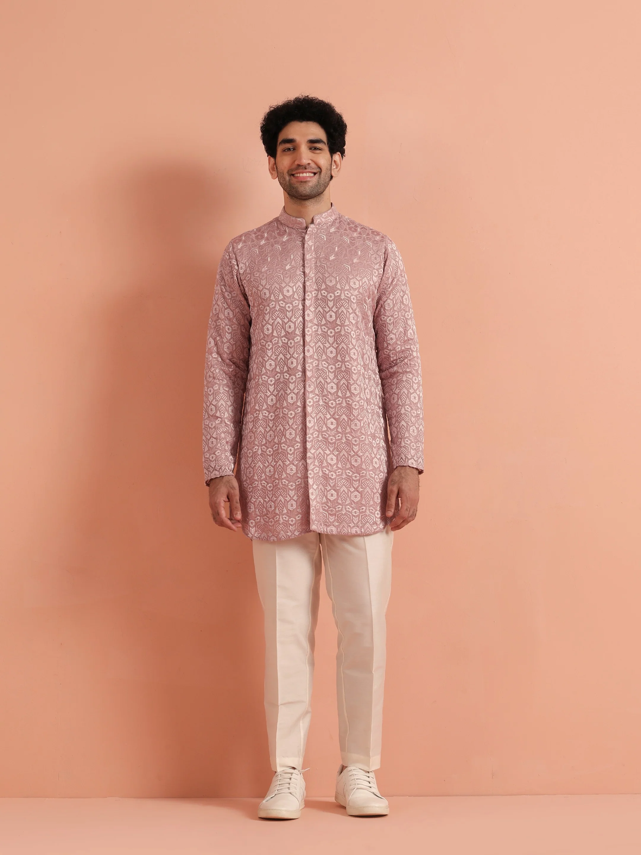 Pink Jacquard Silk Blend Kurta Trouser Set - Image 8