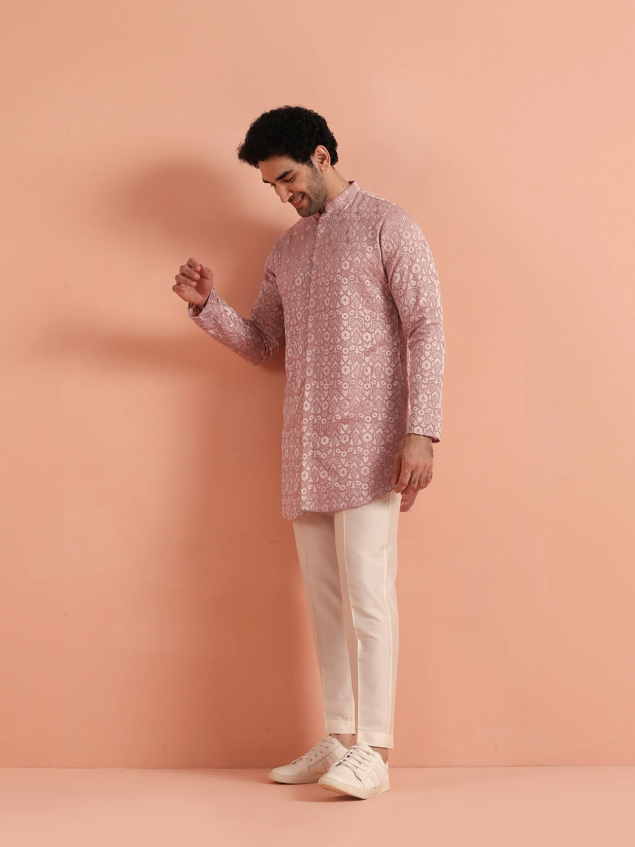 Pink Jacquard Silk Blend Mid Kurta - Image 2