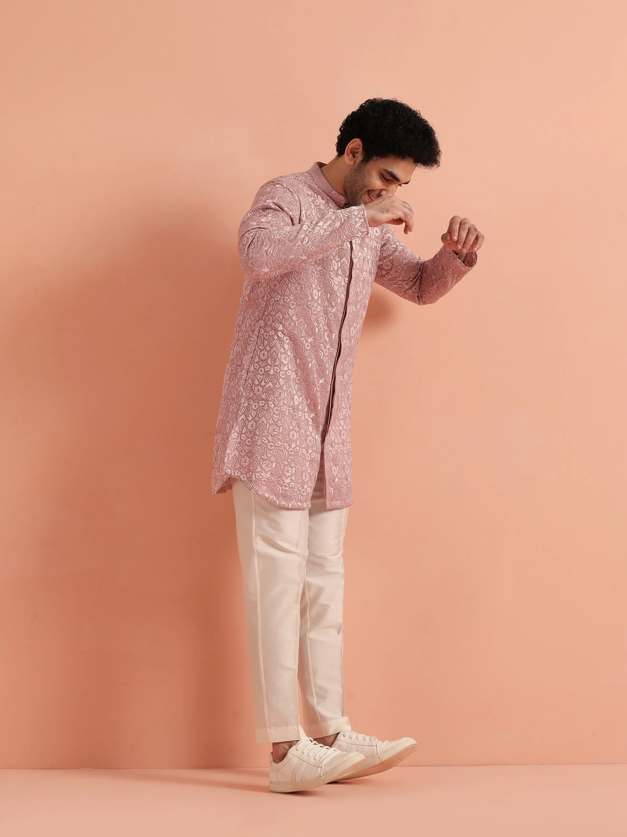 Pink Jacquard Silk Blend Mid Kurta - Image 3