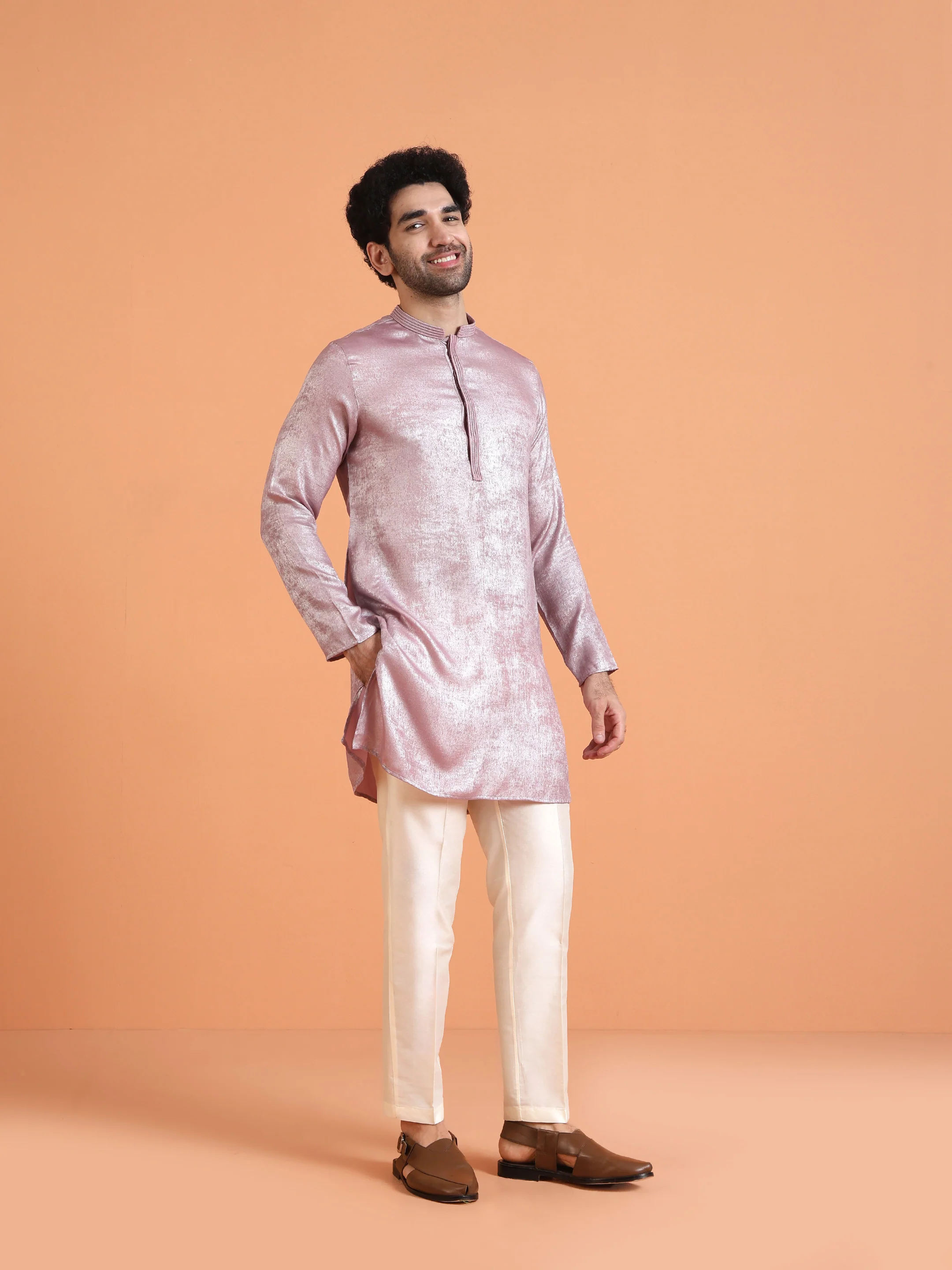 Pink Metallic Textured Cotton Silk Kurta - Image 2