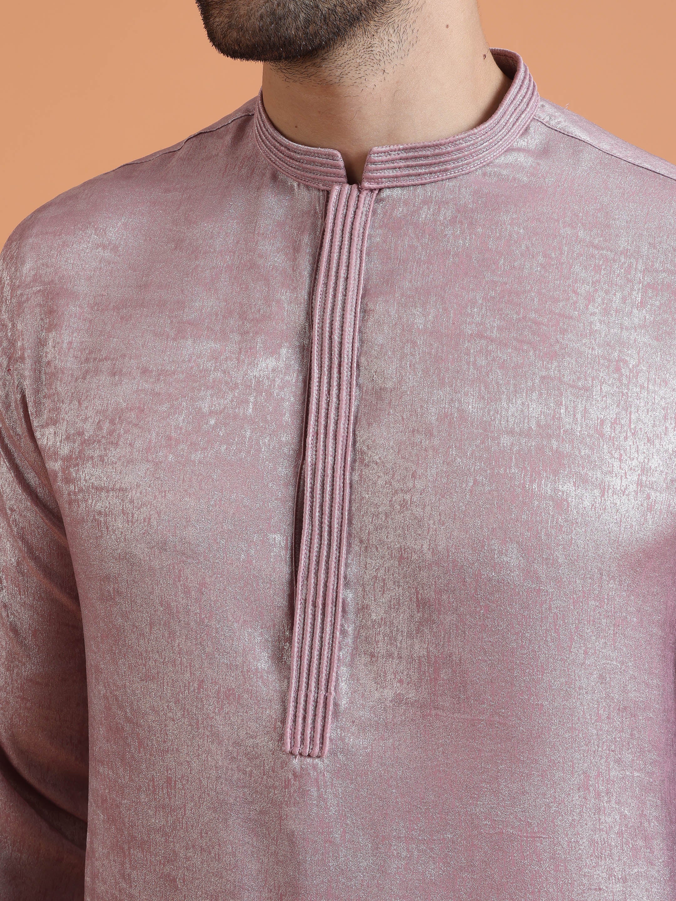 Pink Metallic Textured Cotton Silk Kurta - Image 5