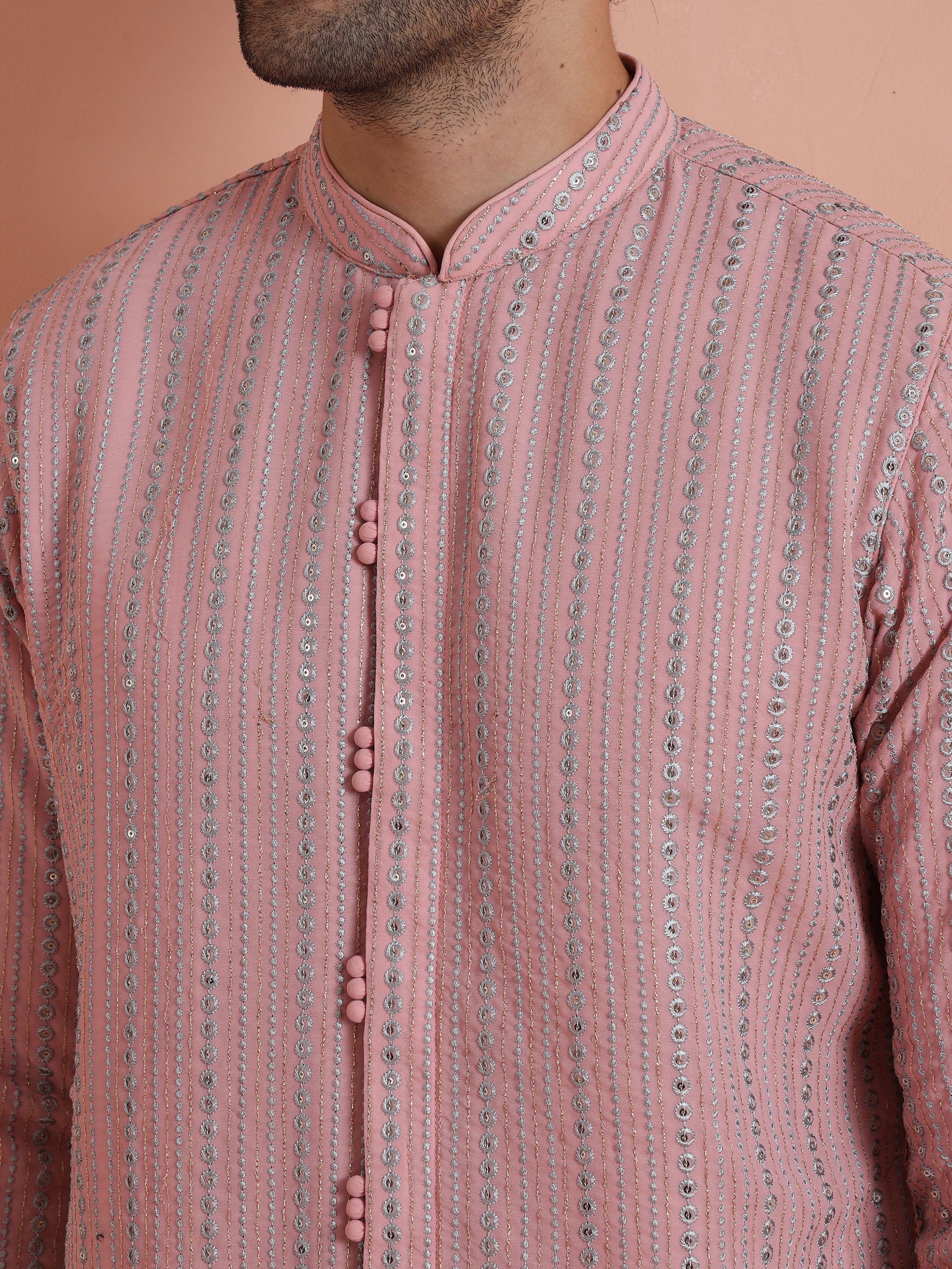 Pink Mirror Work Kurta Trouser Set - Image 5