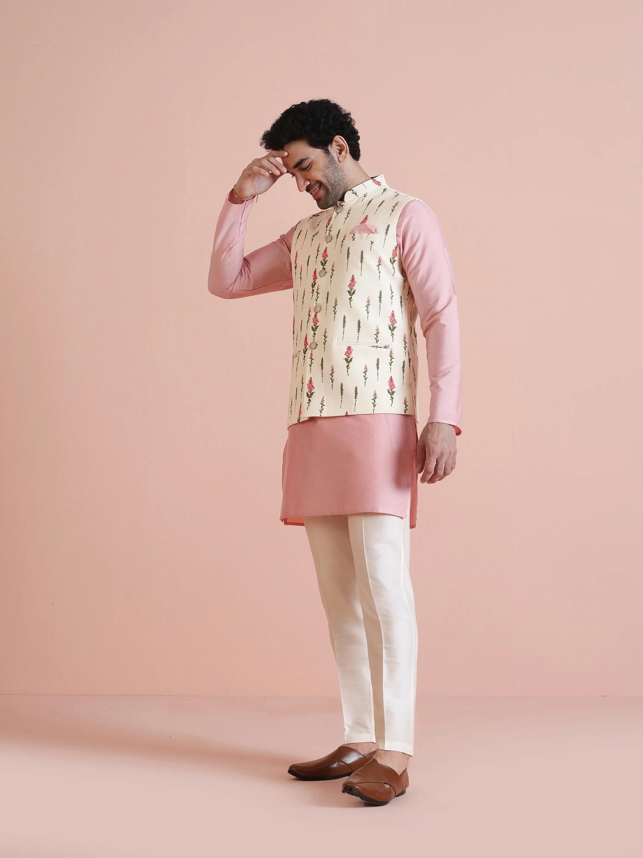 Pink Printed Cotton Blend Kurta Jacket Set - Image 2