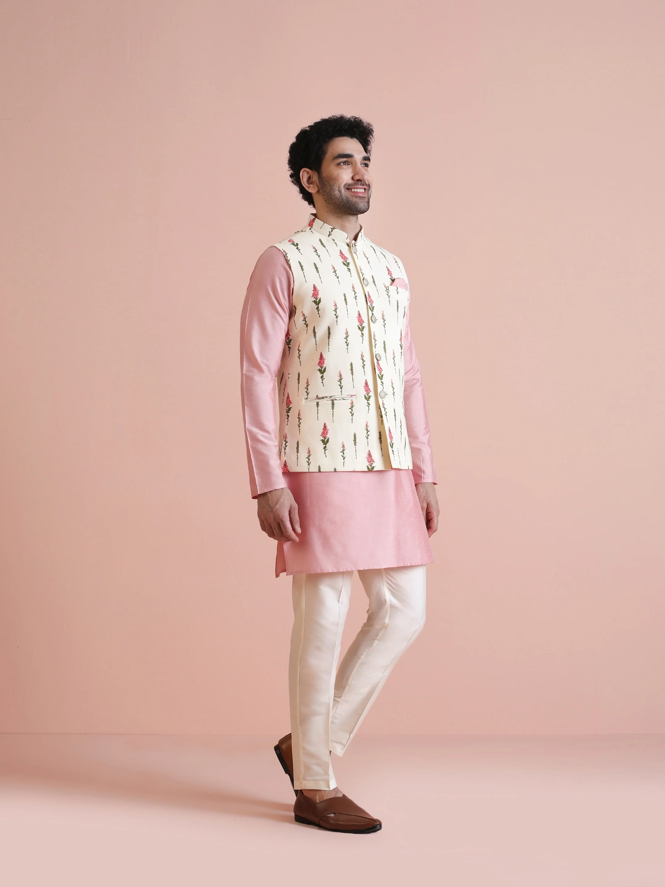 Pink Printed Cotton Blend Kurta Jacket Set - Image 3
