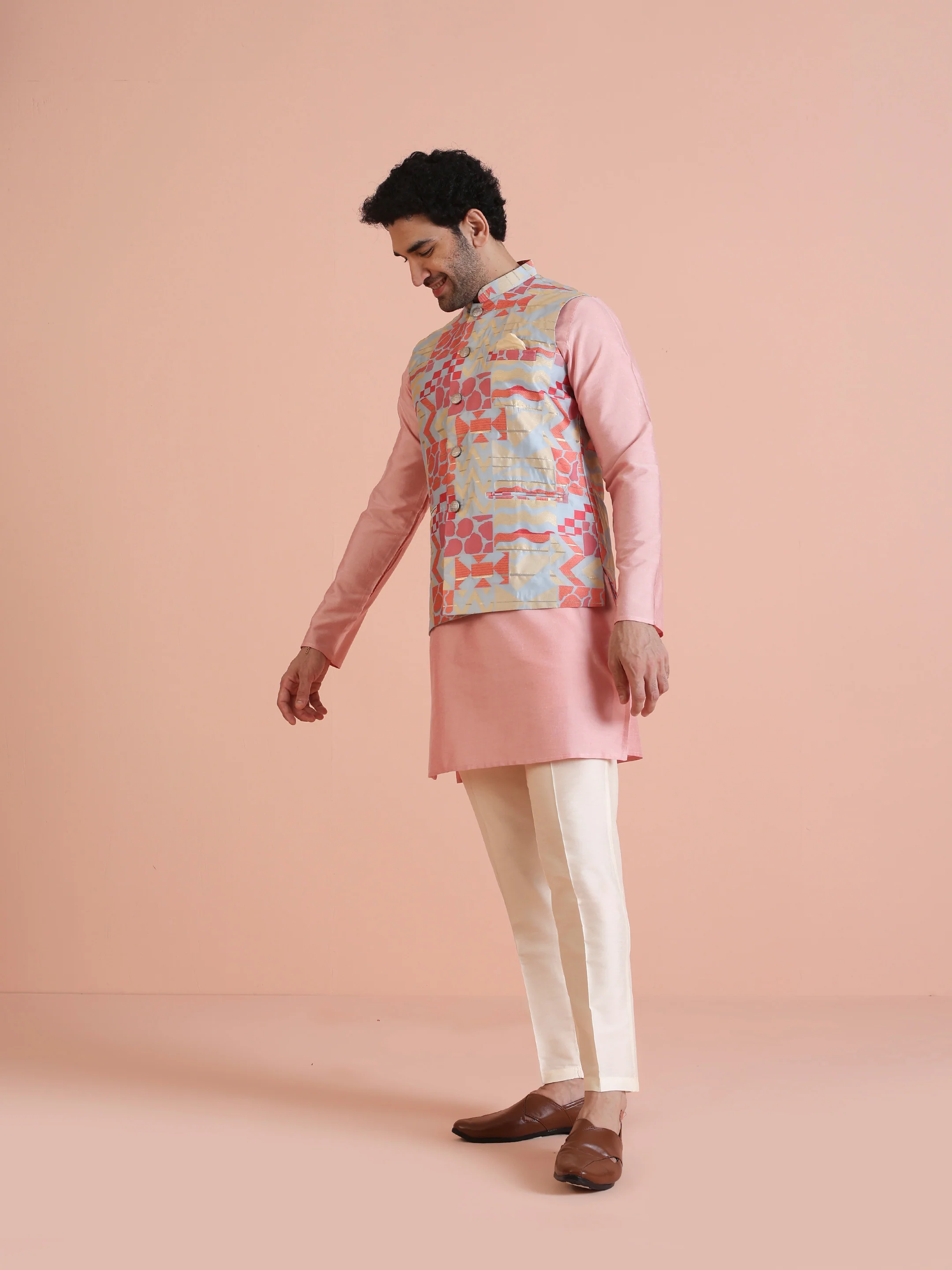 Pink Printed Cotton Blend Kurta Jacket Set - Image 2