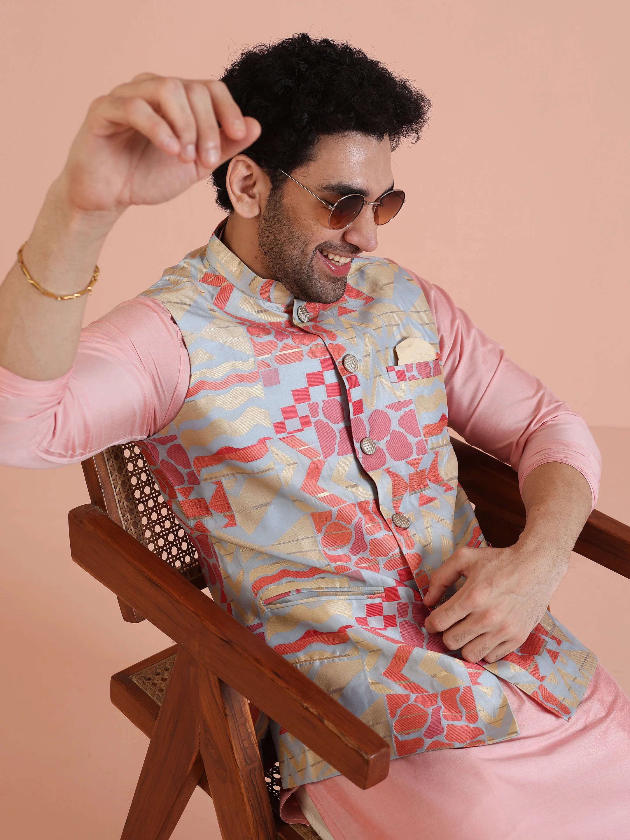 Pink Printed Cotton Blend Kurta Jacket Set - Image 9
