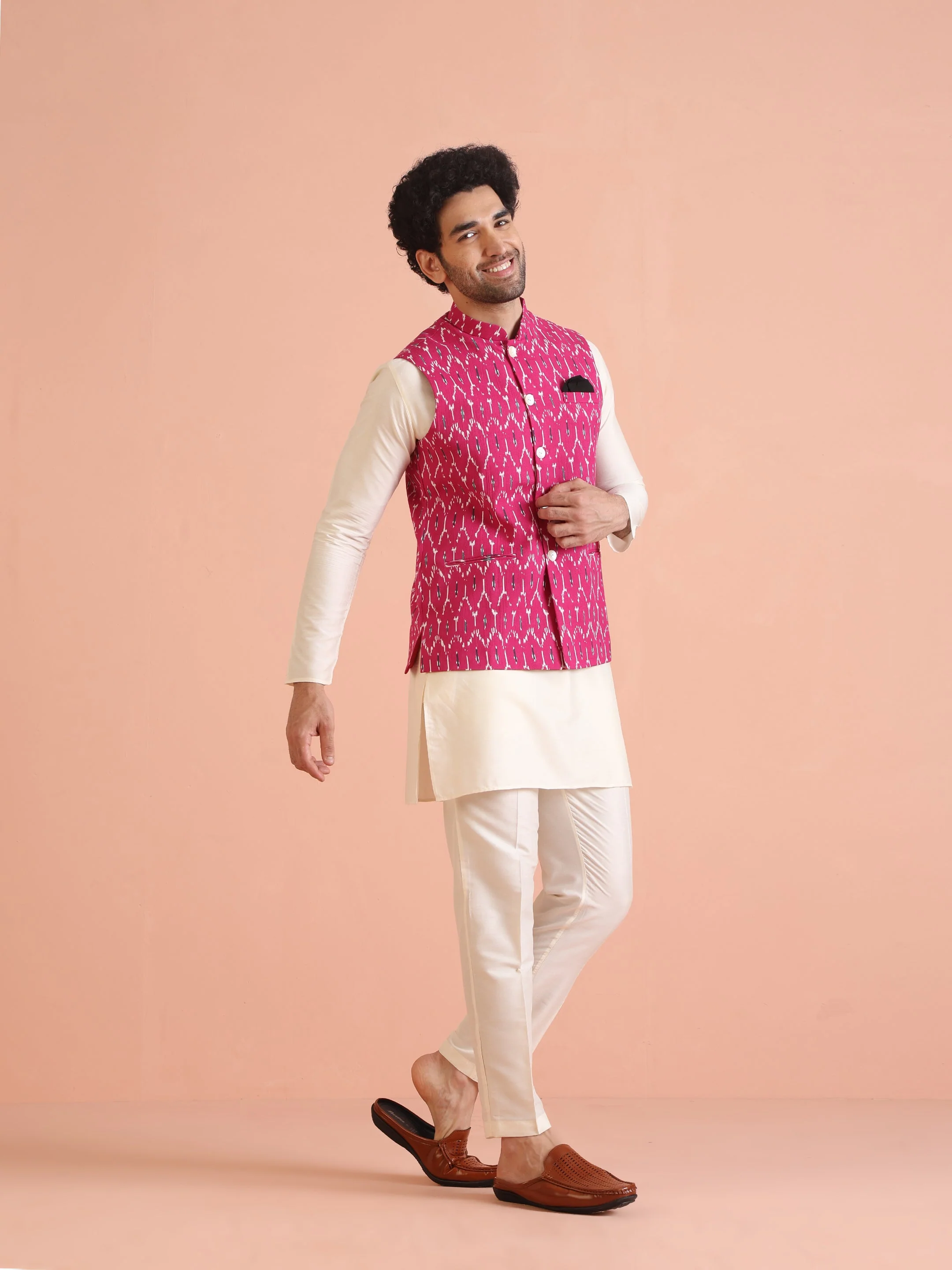 Pink Printed Jacket Kurta Trouser Set - Image 2