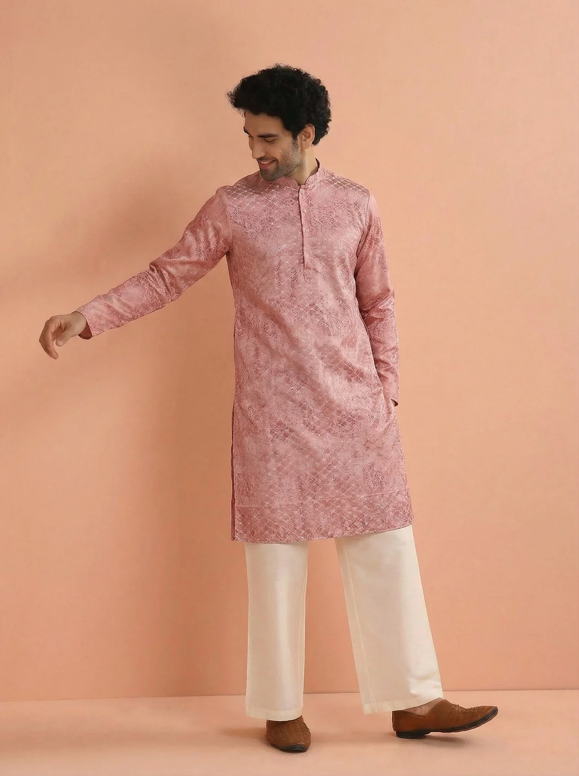 Pink Silk Blend Embroidered Kurta Wide Leg Trouser Set