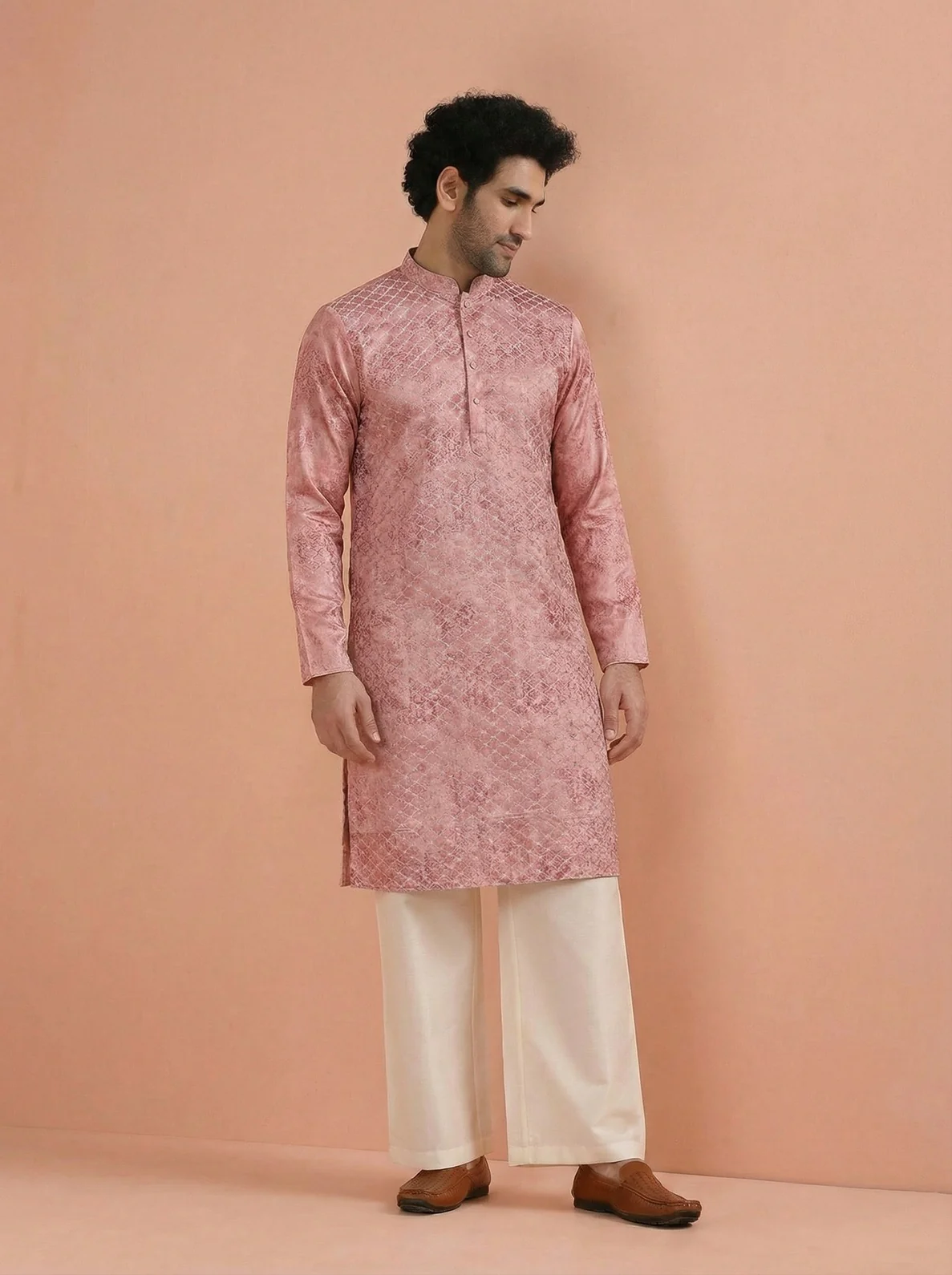 Pink Silk Blend Embroidered Kurta Wide Leg Trouser Set - Image 2