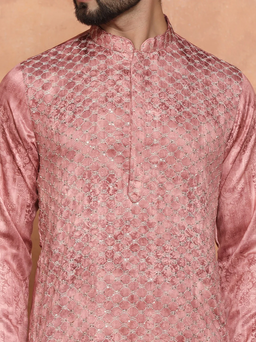 Pink Silk Blend Embroidered Kurta Wide Leg Trouser Set - Image 4