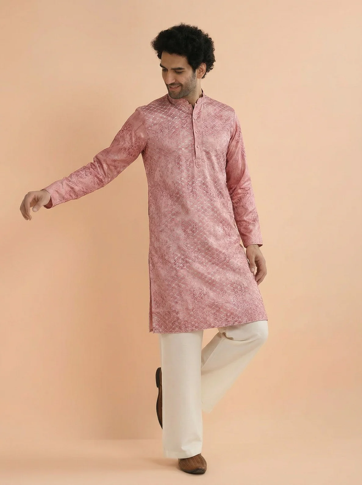 Pink Silk Blend Embroidered Kurta Wide Leg Trouser Set - Image 6