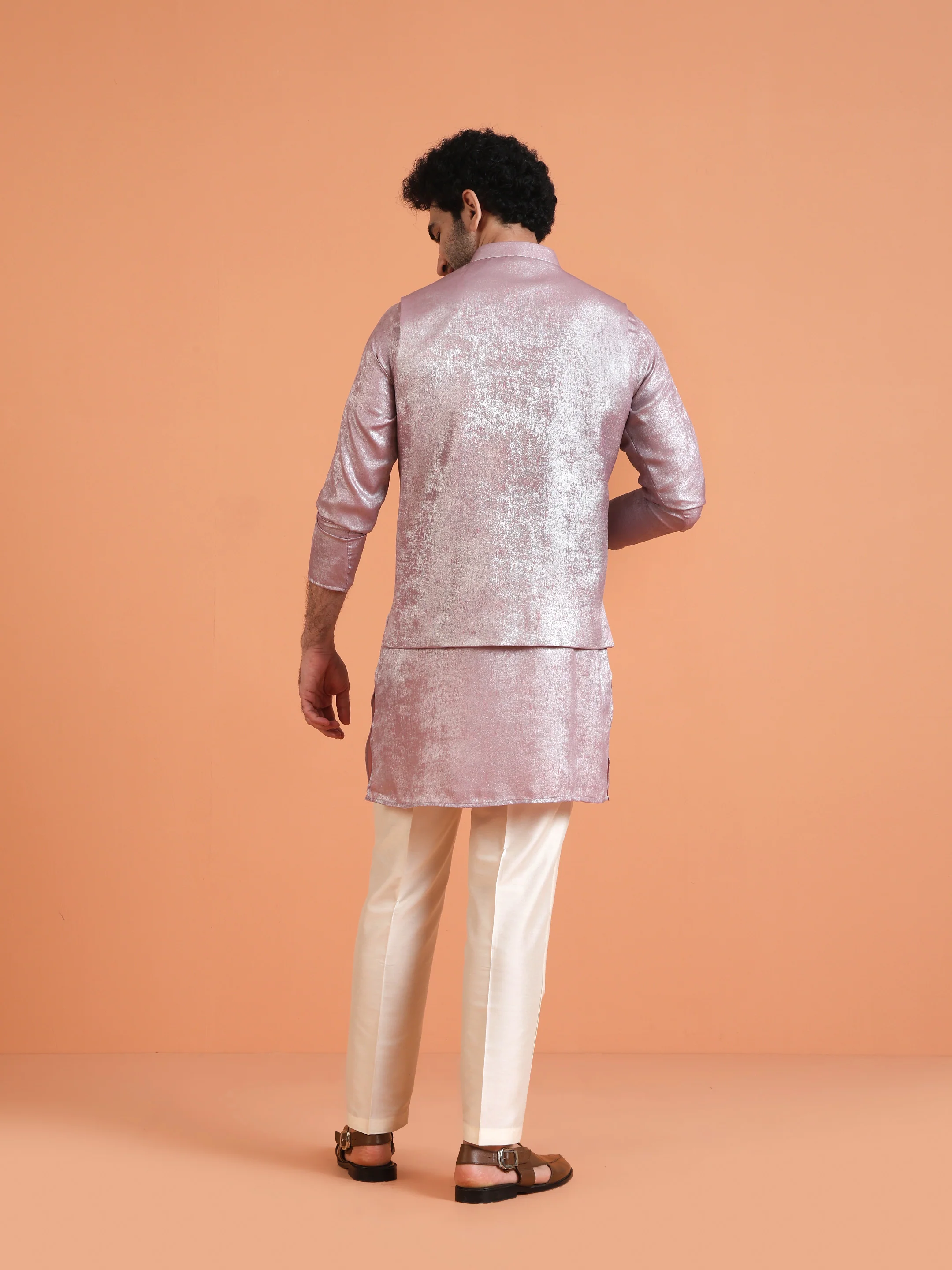Pink Silk Blend Metallic Jacket Kurta Cream Trouser - Image 4