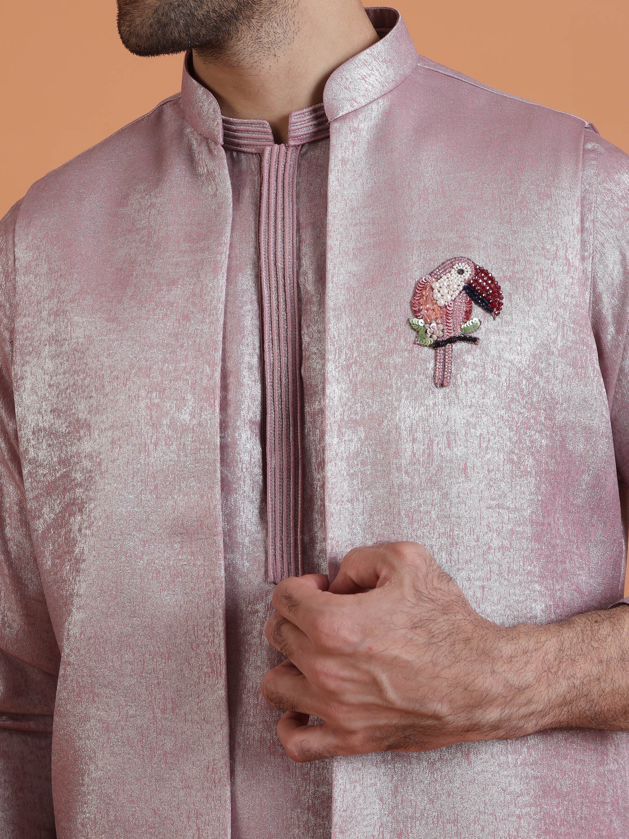 Pink Silk Blend Metallic Jacket Kurta Cream Trouser - Image 5