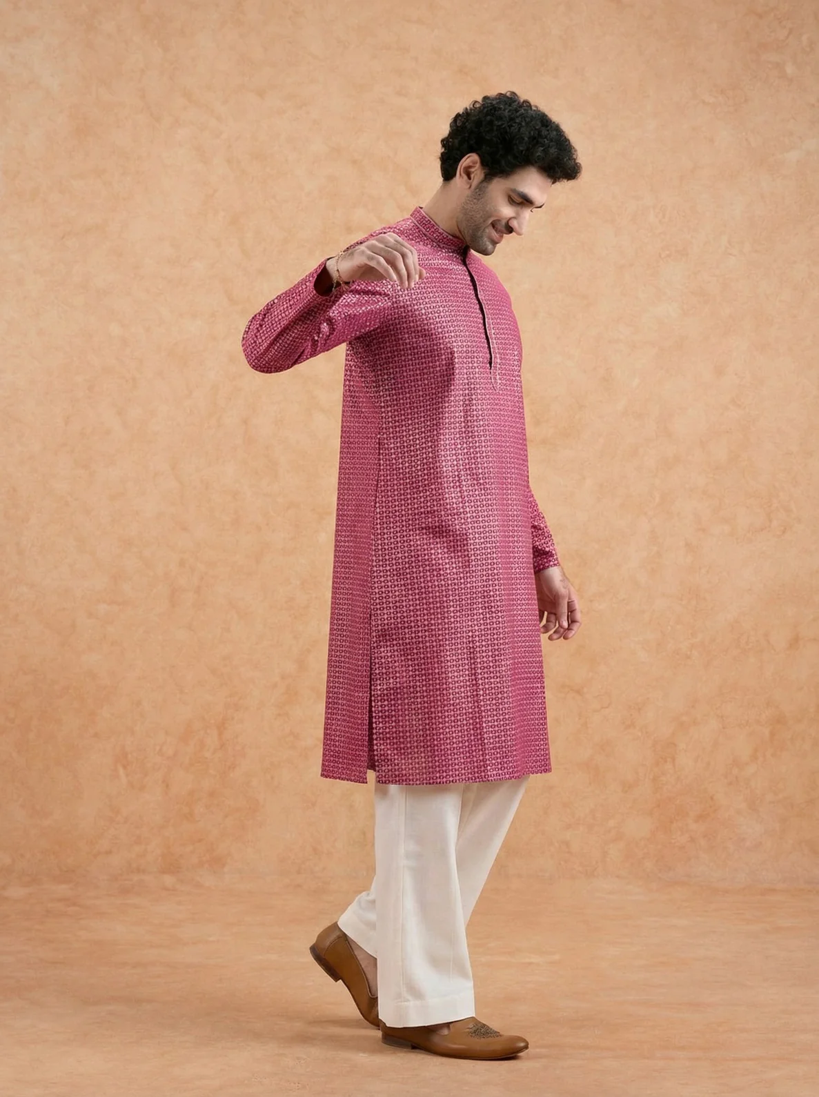 Pink Silk Blend Printed Kurta Wide Leg Trouser Set - Image 7