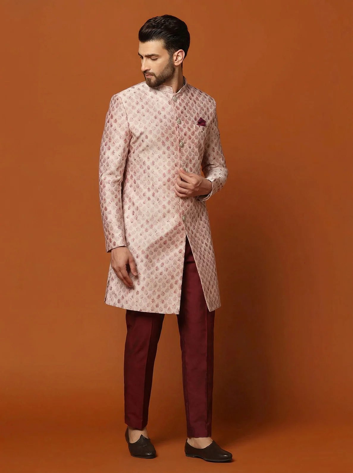 Pink Silk Blend Textured Sherwani Trouser Set - Image 6