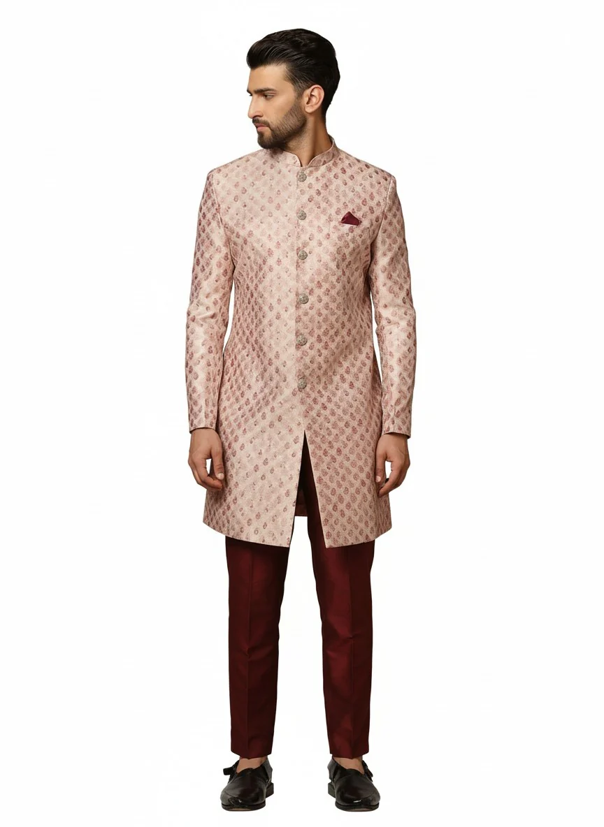 Pink Silk Blend Textured Sherwani Trouser Set - Image 7