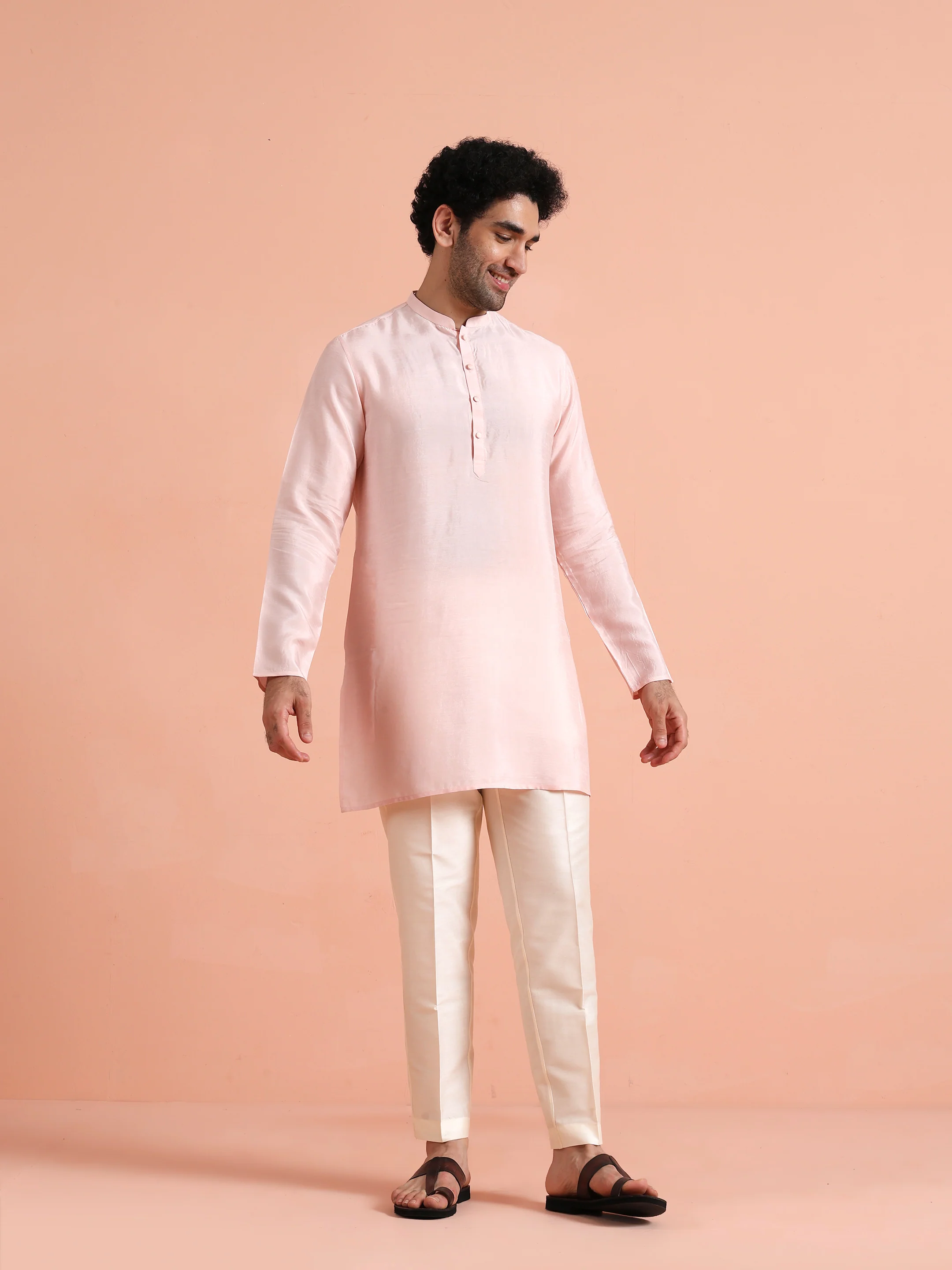 Pink Solid Cotton Kurta Trouser Set - Image 2