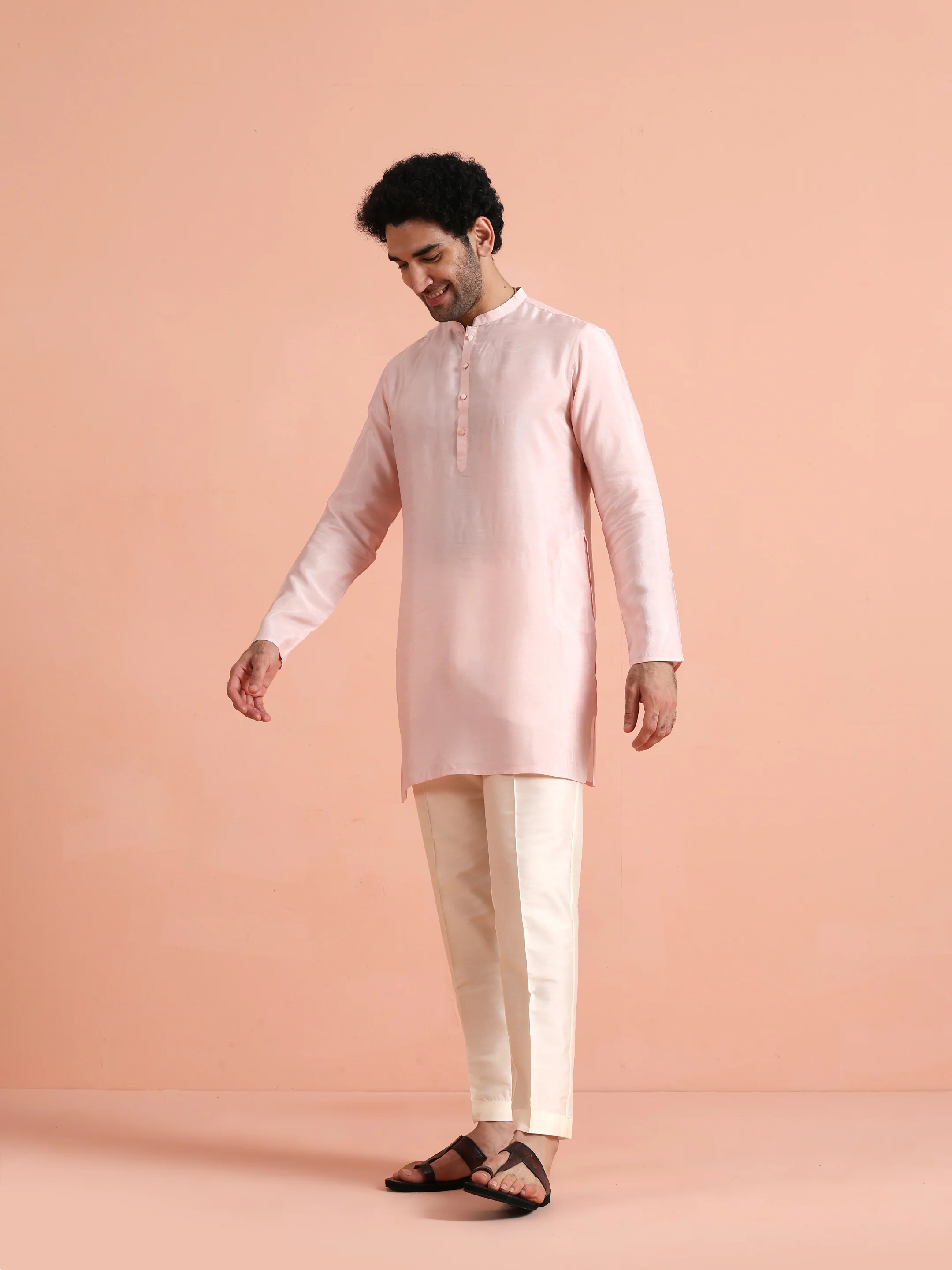 Pink Solid Cotton Kurta Trouser Set - Image 3