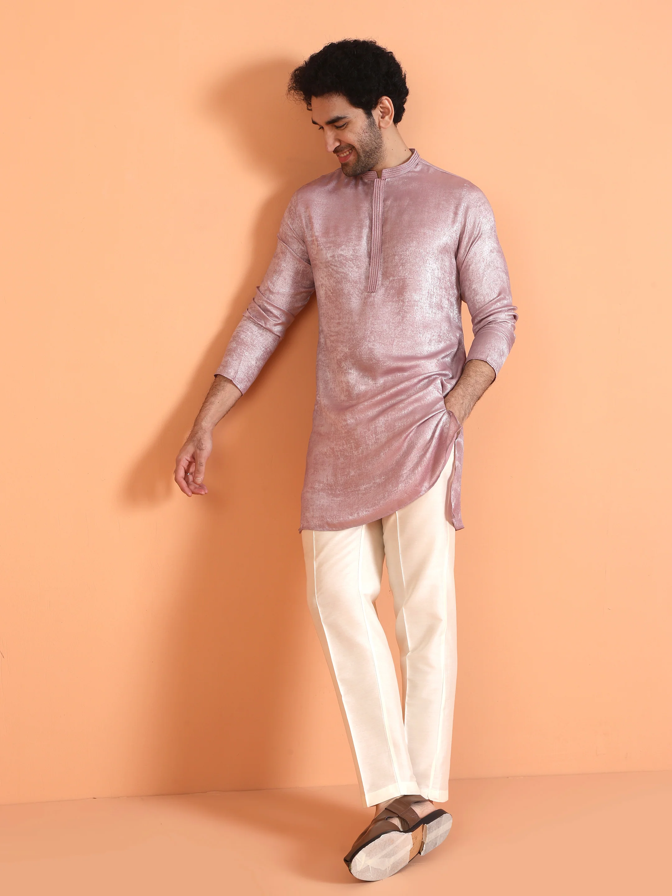 Pink Velvet Textured Mid Kurta Trouser Set