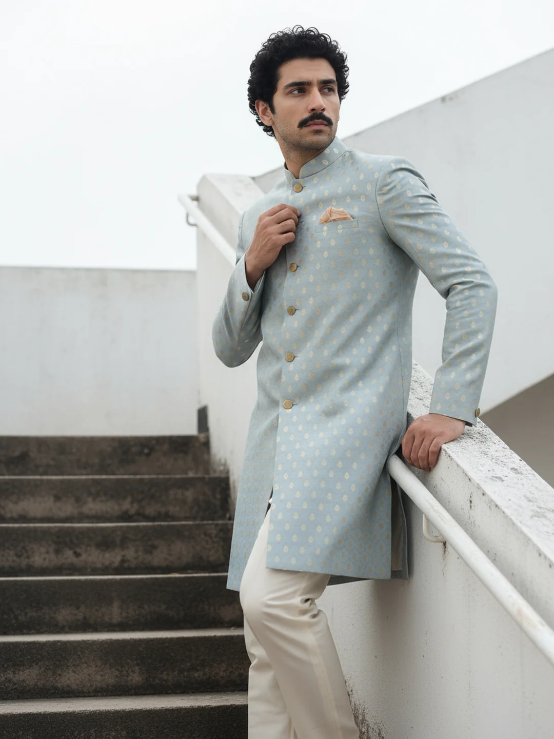 Powder Blue Brocade Sherwani Trouser Set - Image 2