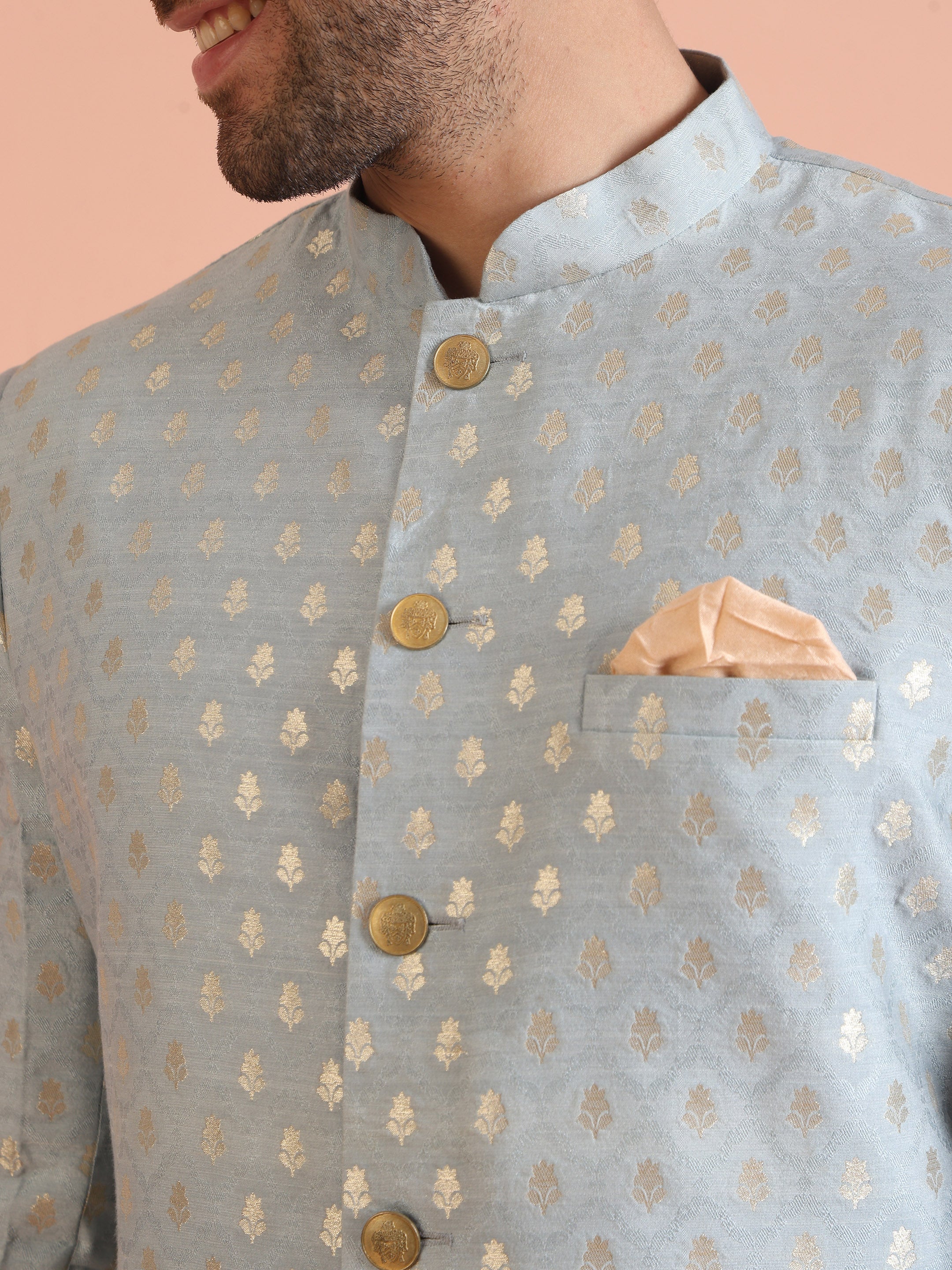 Powder Blue Brocade Sherwani Trouser Set - Image 4
