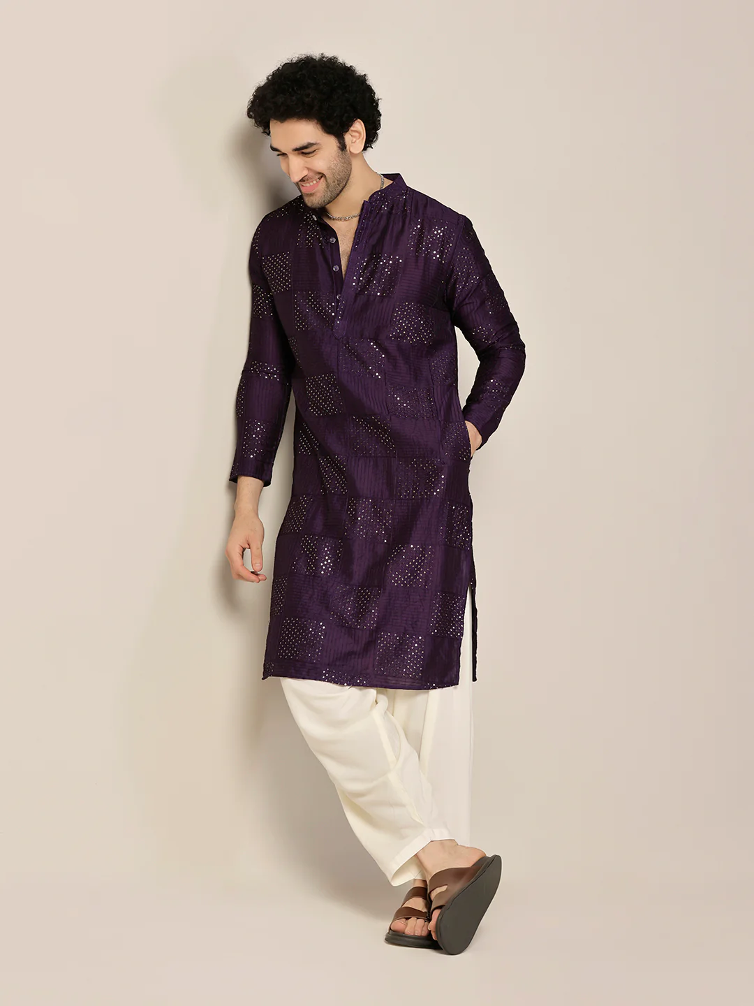 Purple Art Silk Textured Long Kurta - Image 6