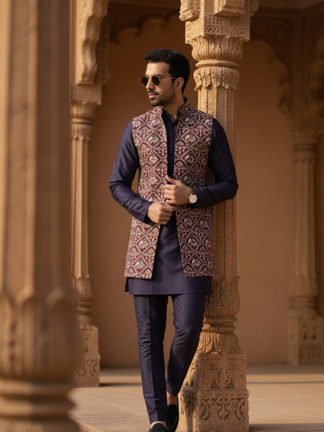 Maroon Ikat Front Open Jacket Kurta Set - Image 11