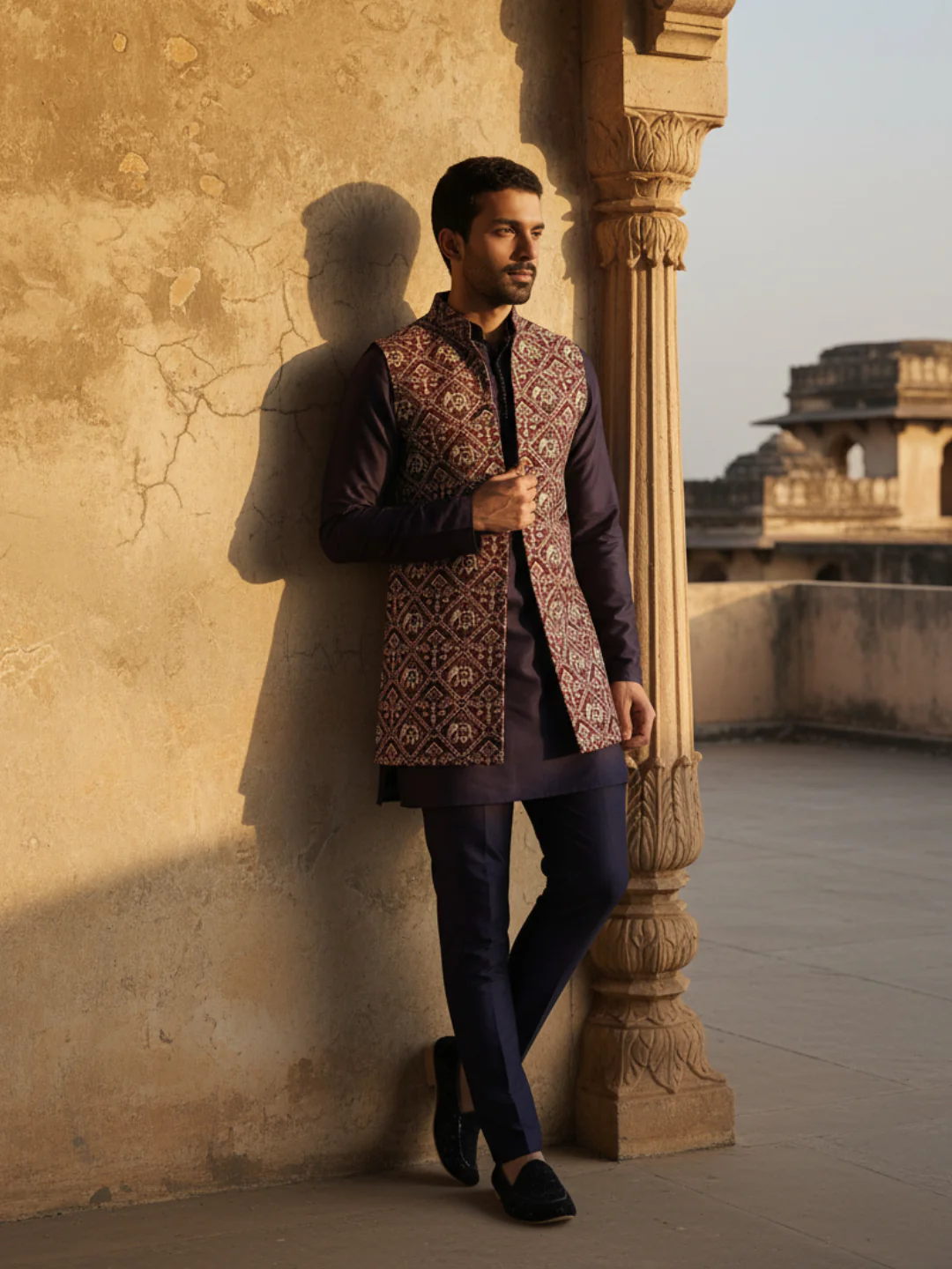 Maroon Ikat Front Open Jacket Kurta Set - Image 2