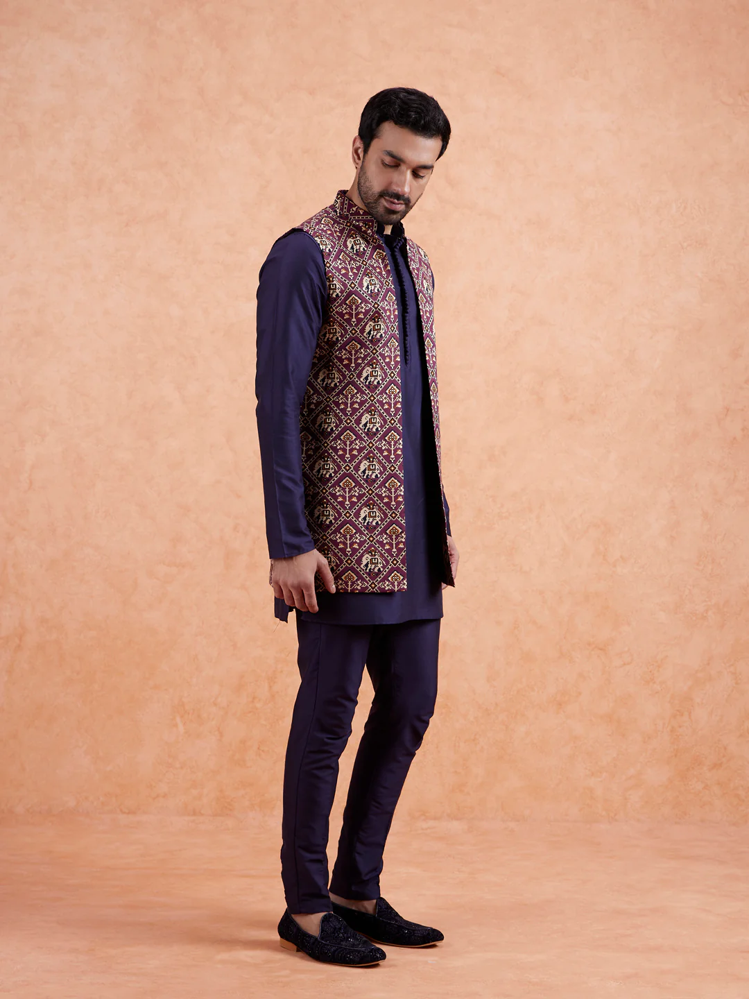 Maroon Ikat Front Open Jacket Kurta Set - Image 3