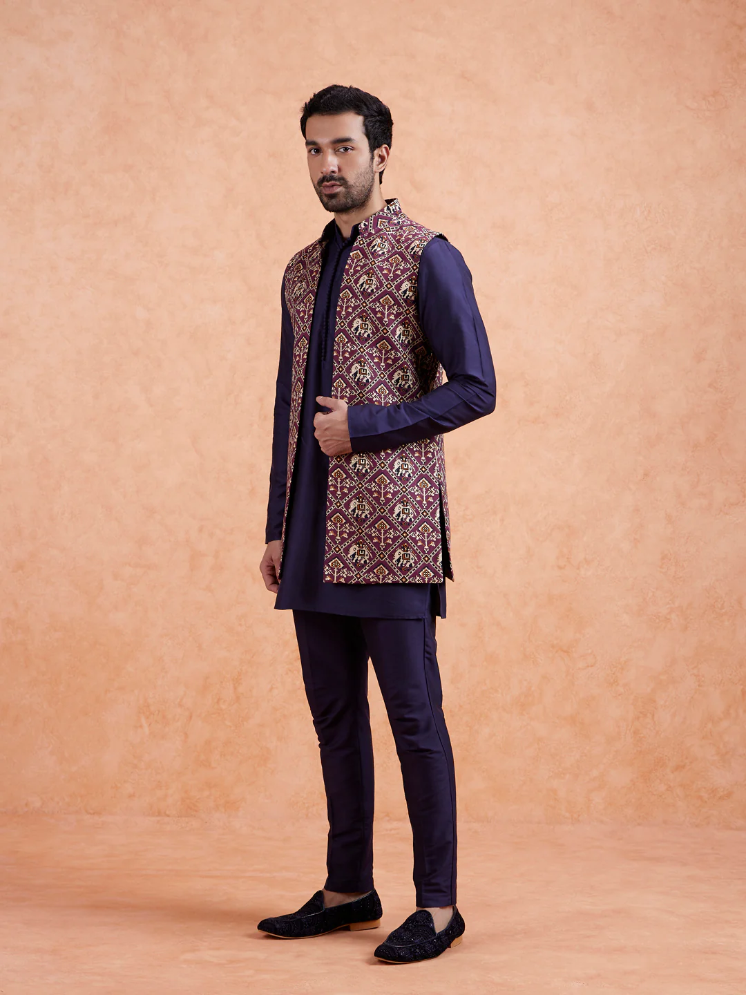 Maroon Ikat Front Open Jacket Kurta Set - Image 4
