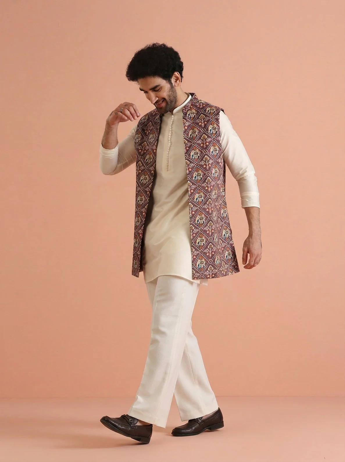 Purple Cotton Blend Printed Mid Kurta Front Open Jacket Wide Leg Trouser Set - Image 2