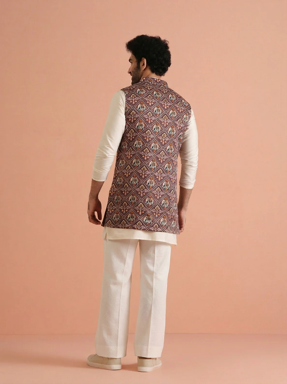 Purple Cotton Blend Printed Mid Kurta Front Open Jacket Wide Leg Trouser Set - Image 3