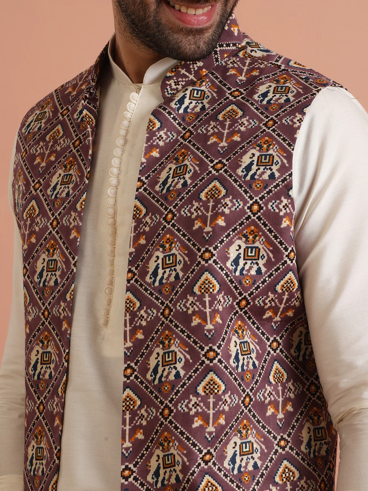 Purple Cotton Blend Printed Mid Kurta Front Open Jacket Wide Leg Trouser Set - Image 4