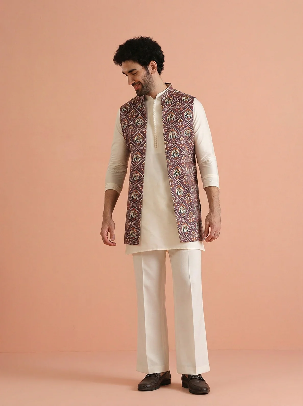 Purple Cotton Blend Printed Mid Kurta Front Open Jacket Wide Leg Trouser Set - Image 7