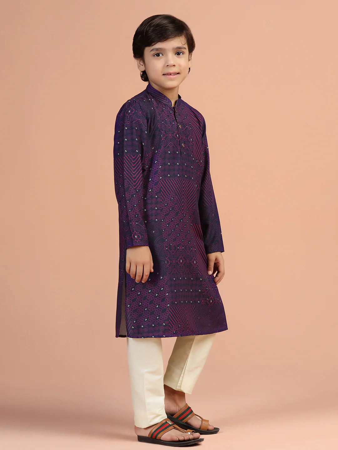 Purple Mirror Print Kids Kurta Set - Image 3