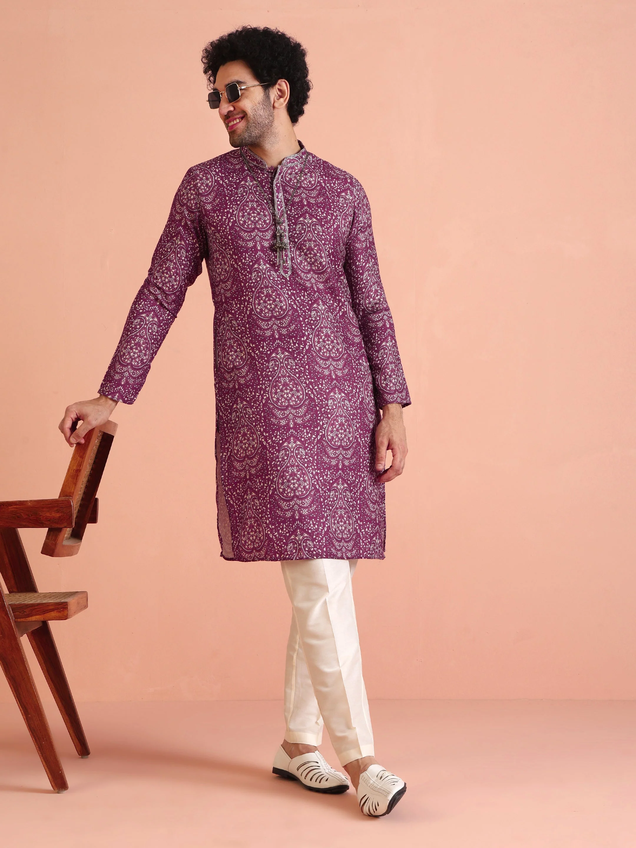 Purple Pashmina Printed Kurta Trouser Set - Image 2